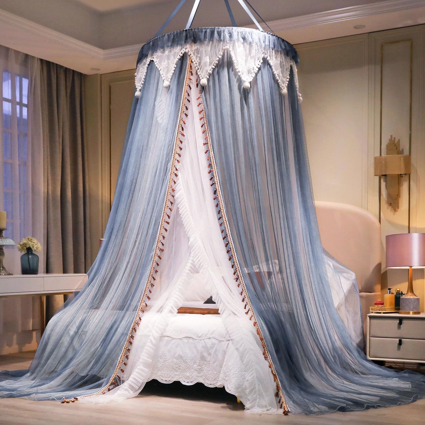 AIKASY Girls and Adults Canopy Bed, Elegant Double-Layer Bed Curtain, Children's Dream Round Lace Mosquito Net, Princess Canopy Net - Fits Twin, Full, Queen, and King Beds (White/Blue)