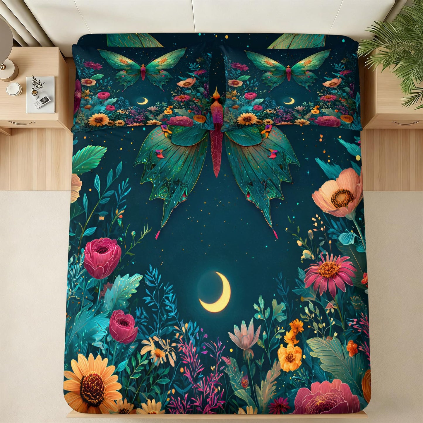 Butterfly Floral Sheets King for Kids Teen Women Girls, Natural Flower Botancial Moon Bed Sheets Set 4 Pcs Psychedelic Galaxy Moon Patterned Bedding (1 Fitted Sheet, 1 Flat Sheet) & 2 Pillowcases