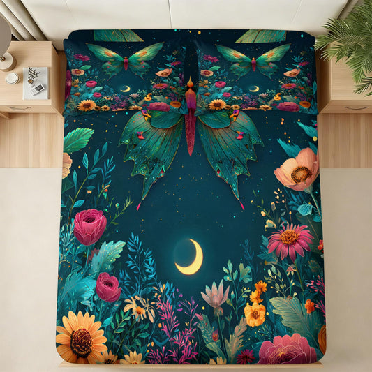 Butterfly Floral Sheets King for Kids Teen Women Girls, Natural Flower Botancial Moon Bed Sheets Set 4 Pcs Psychedelic Galaxy Moon Patterned Bedding (1 Fitted Sheet, 1 Flat Sheet) & 2 Pillowcases
