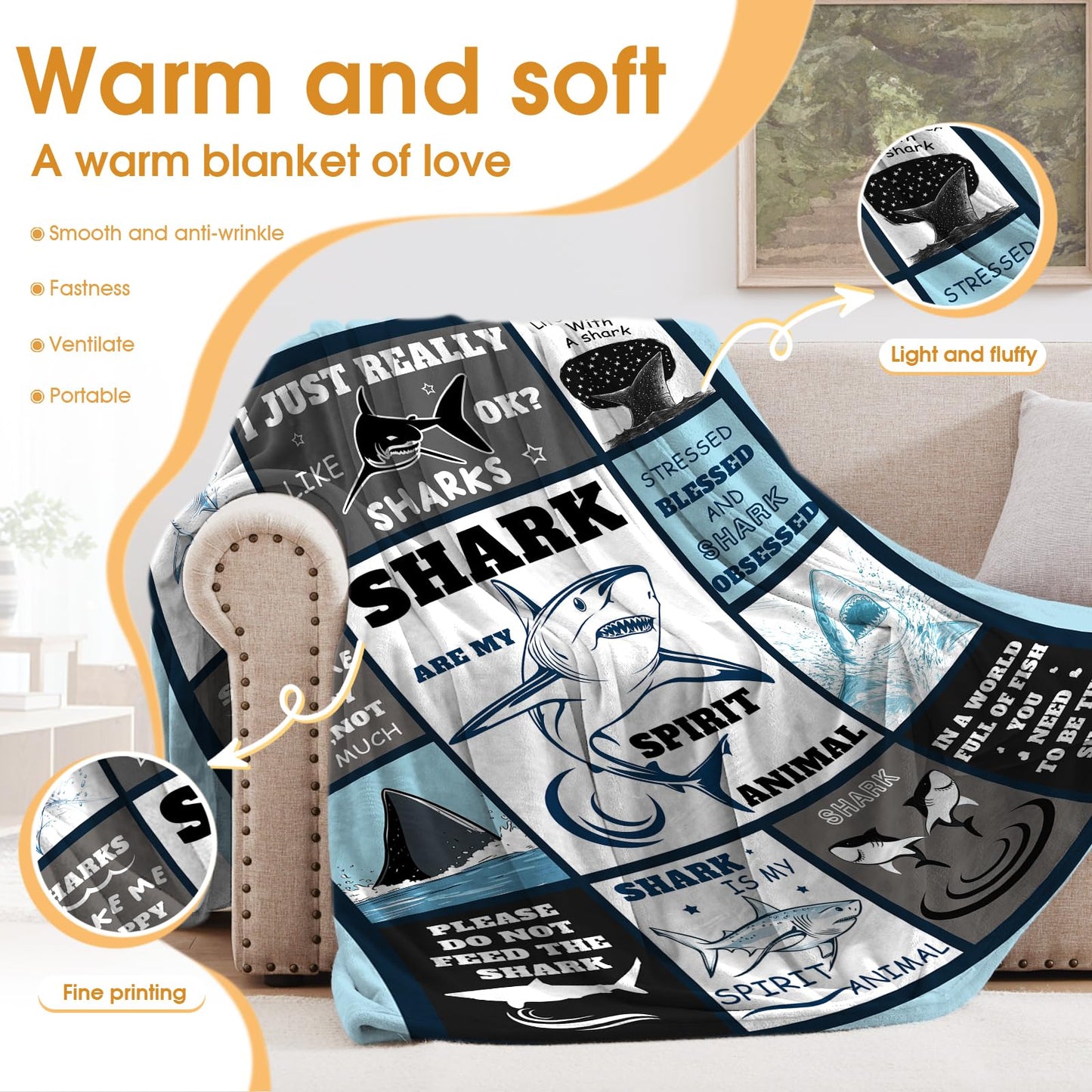 Hohoto Ocean Shark Blanket Gifts for Adults Men Women Boys Girls Birthday Christmas Halloween Easter Father's Day Dad Husband Boyfriend Son Throw Blanket 50"x60"