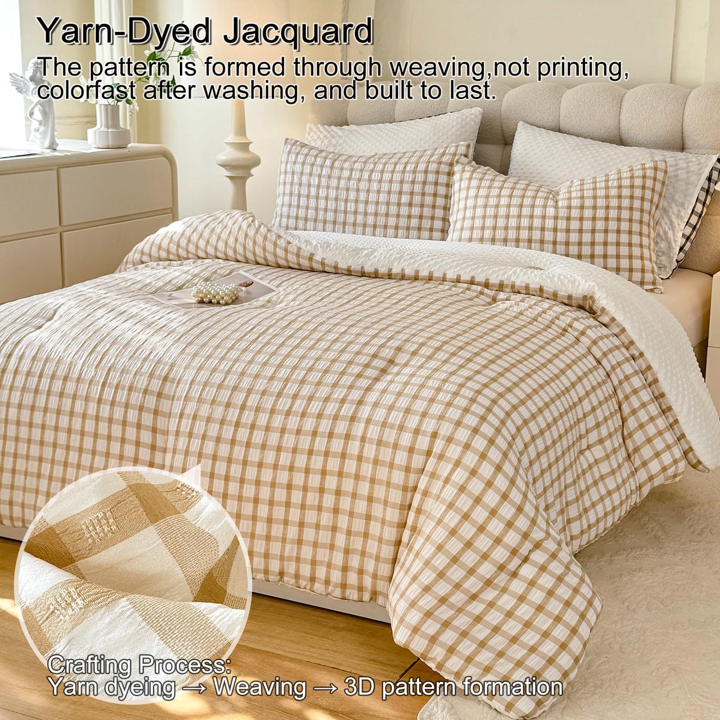 tohrisa Boho Comforter Set Twin Size - 2 Pieces Lightweight Jacquard Seersucker Bedding Sets (1 Soft Fluffy Grid Comforter & 1 Pillowcase) - All Seasons Cozy Modern Bed Set(68"x90" Beige)