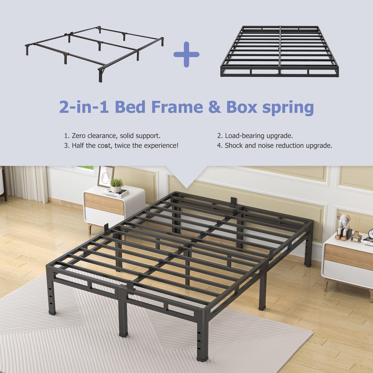 NKZ 18 Inch King Size Bed Frame, Metal Bed Frame & Box Spring 2 in 1 Platform with Round Corner Legs, 4000Lbs Heavy Duty Metal Frame, Mattress Slide Stopper, Headboard Hole, Noise-Free, Easy Assembly