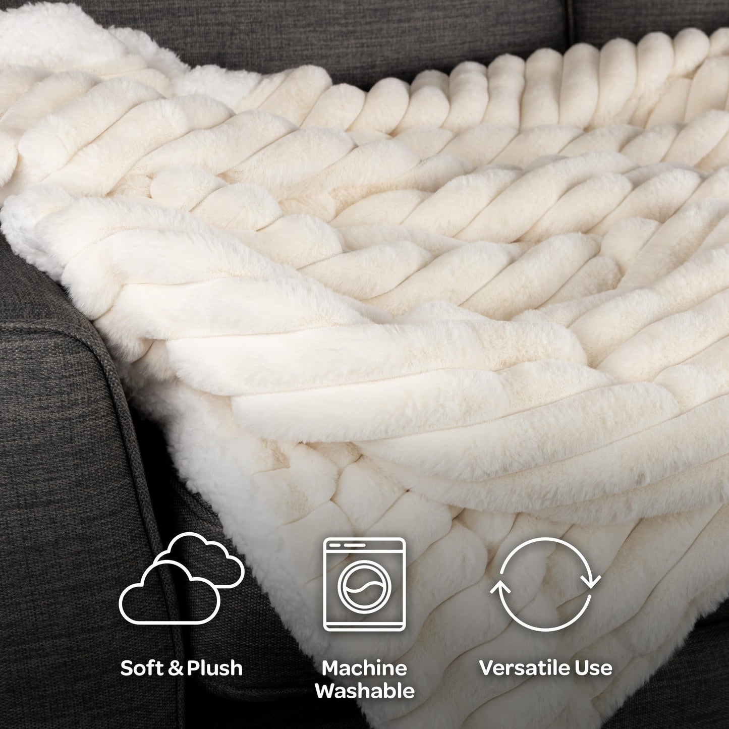 Lavish Home Faux Fur Throw Blanket - 60x70-Inch Twin Blanket for Couch, Bed, or Chair - Soft Throw with Plush Faux Rabbit Fur and Warm Sherpa for Living Room, Bedroom, and Home Decor (Ivory)