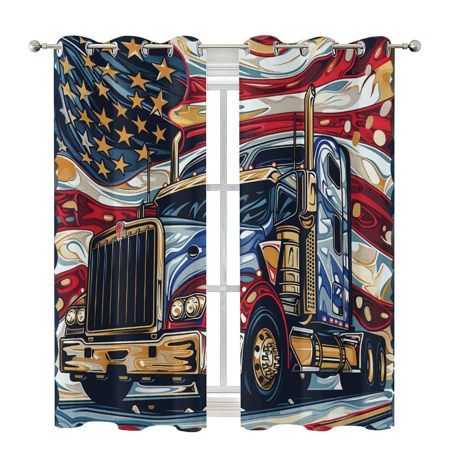 TOWINSFB American Flag Semi Truck Blackout Curtains for Bedroom/Living Room, Classic Vehicle USA Patriotic Grommet Curtains Thermal Insulated Window Drapes, 2 Panels, Each 21W x 63L