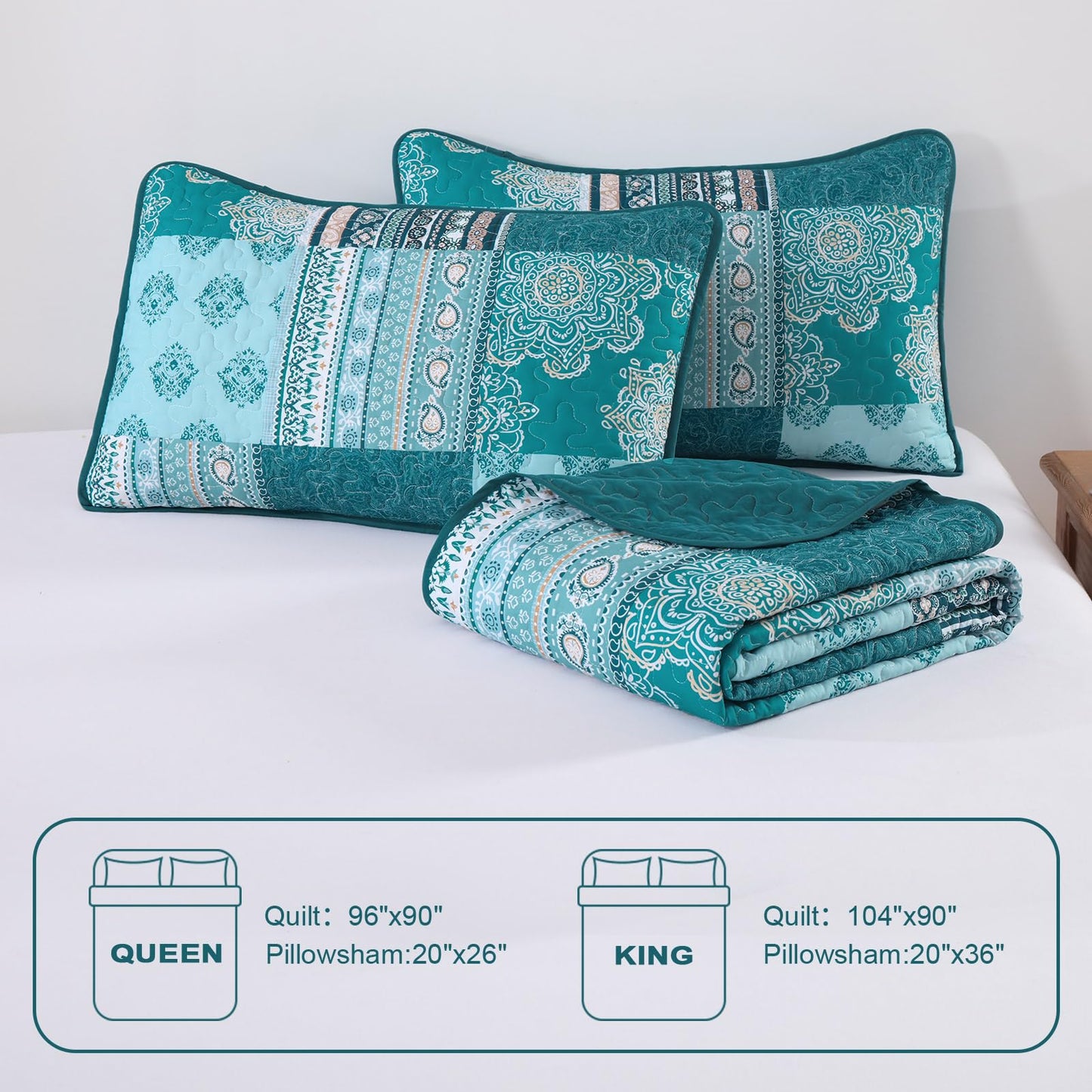 Dintszyayue Patchwork Quilt Set Queen Size,3 Pieces Teal Boho Bedspread Coverlet Set Turquoise Plaid Bohemian Quilt Bedding Set Reversible Bed Cover Soft Lightweight Coverlet Set (Queen,96"x90")