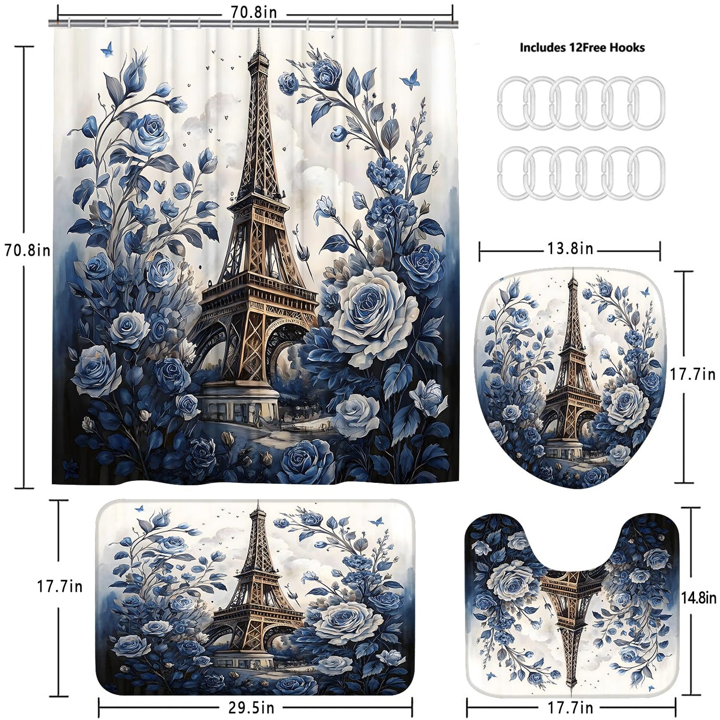 Chrainy 4Pcs Paris Eiffel Tower Shower Curtain Sets The Blue Rose Bathroom Set Decor with Non-Slip Rugs Bath U-Shaped Mat Toilet Lid Cover Waterproof Floal Bathroom Curtains Shower Set with 12 Hooks