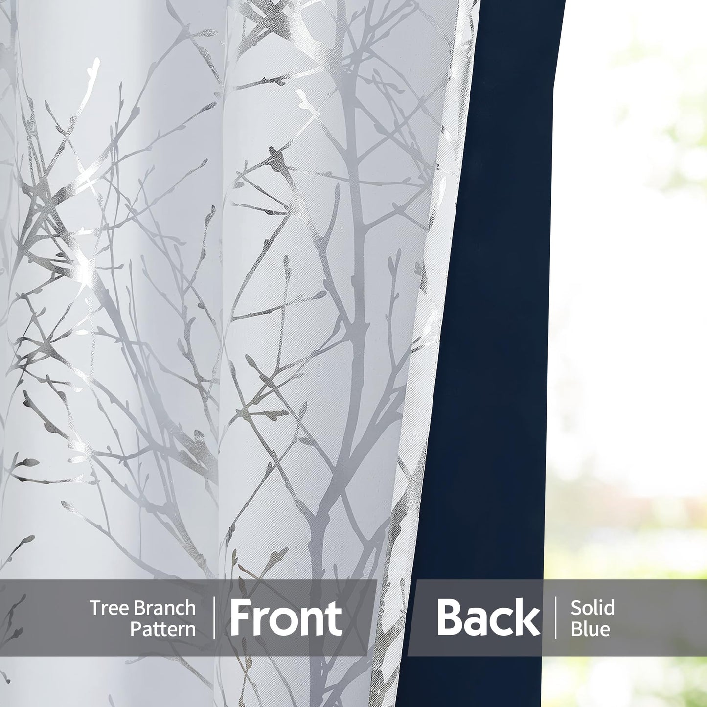 FMFUNCTEX 100% Blackout Curtains Siver Tree Branch Curtains for Living Room, Curtains 84 Inches Length Metallic Print Curtain for Bedroom, Room Darkening Drapes for Home Office Grommet Top 2 Panels