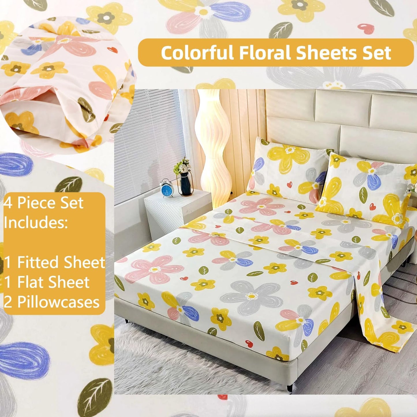 SDIII 4 Pieces Yellow Floral Sheets Set Full, Soft Microfiber Floral Bed Sheets Full Size Deep Pocket, Cute Flower Bedding Sheet for All Season
