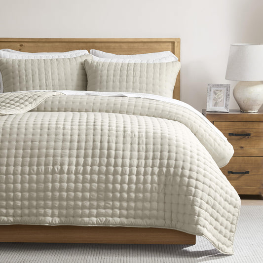 WDCOZY Beige Queen Size Quilts Bedding Sets with 2 Pillow Shams, Neutral Lightweight Soft Bedspread Coverlet, Quilted Blanket Thin Comforter Bed Cover for All Season, 3 Pieces, 90x90 inches