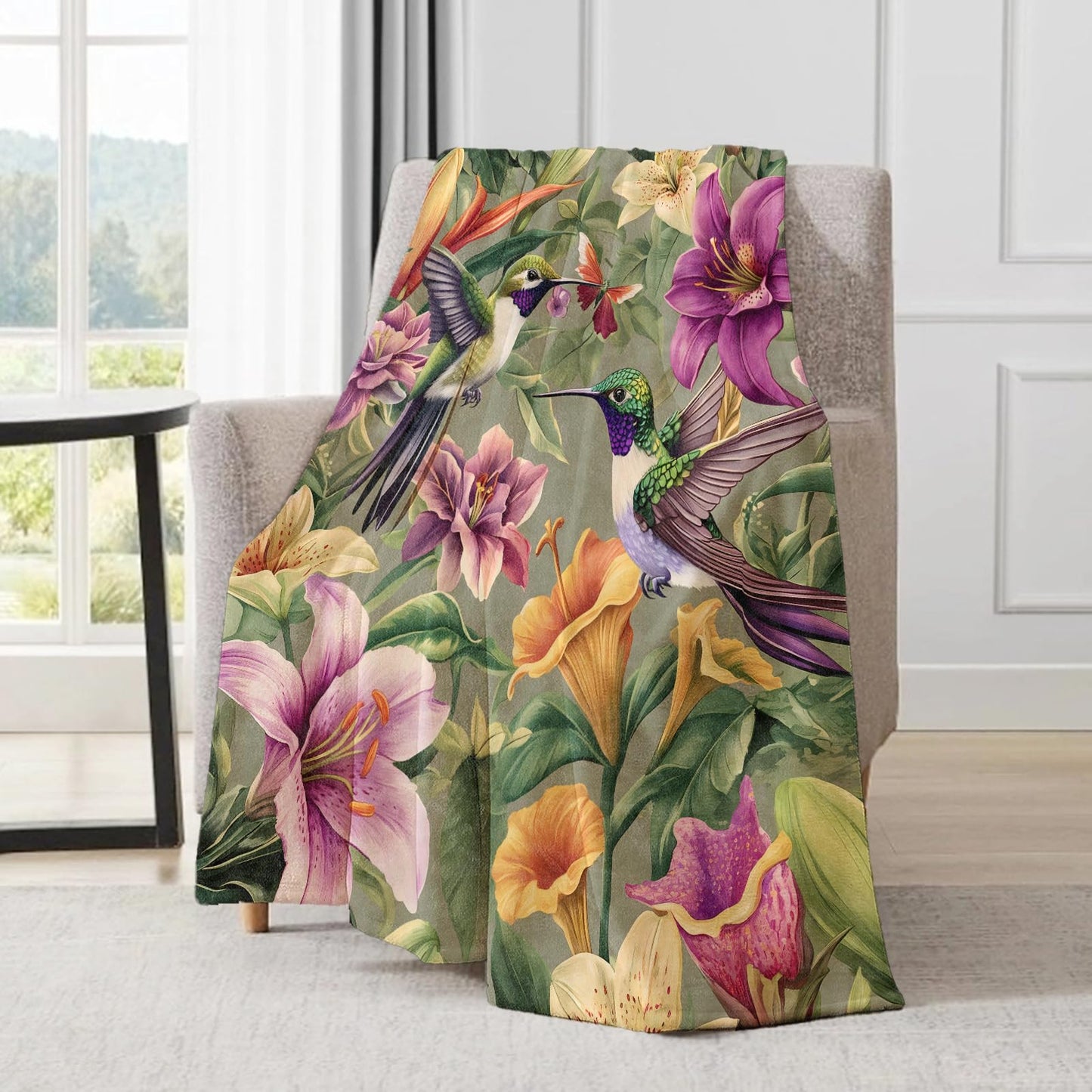 ainori Vibrant Hummingbird Blanket - Lily Floral Tranquil Fleece Throw,Gifts for Adult, Soft & Warm,Lightweight, for Modern Art Decor, Nature Lovers,Room Home Accents 50x60in