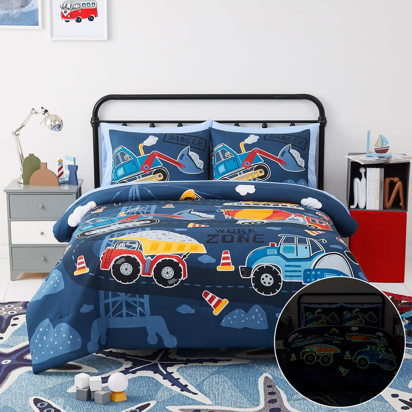 Kaleido Space Twin Kids Comforter Set - 5 Pieces Twin Bedding Sets for Boys Teen, Glow in The Dark Truck Tractor Excavator Bed in A Bag with Sheets