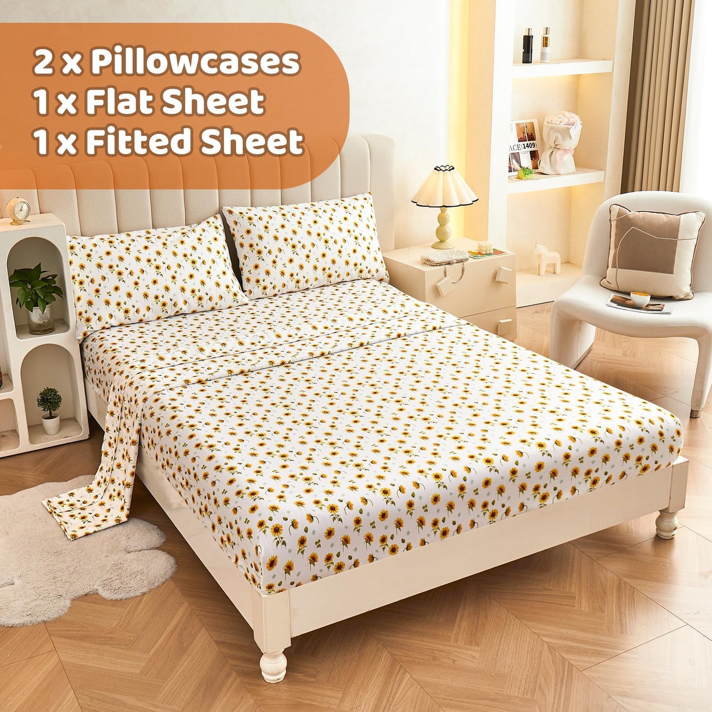 Softan Floral Sheet Set Queen, Sunflower Printed Bed Sheets Queen, Cozy Double Brushed Microfiber Fitted Sheet with 15" Deep Pocket and Corner Straps, Cute Yellow Flower Sheet & Pillowcase Sets