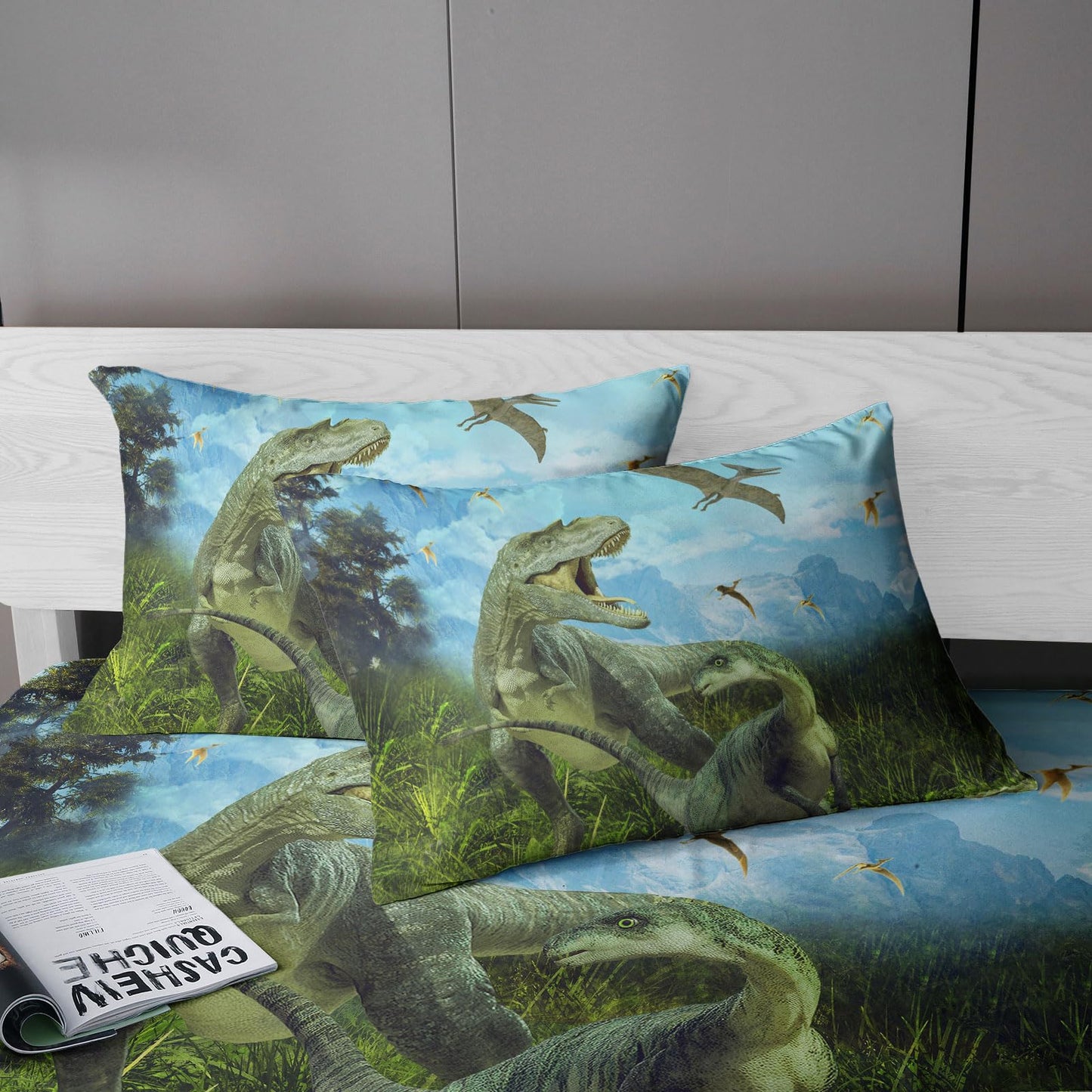 NiuOne Dinosaurs Bed Sheets Twin for Boys,3D Realistic Dinosaur Green Fitted Sheets Set Ancient Jungle Dinosaur Bed Sheet Kids Soft Microfiber Bedding Sheets Set (Blue Sky Dinosaurs, Twin)
