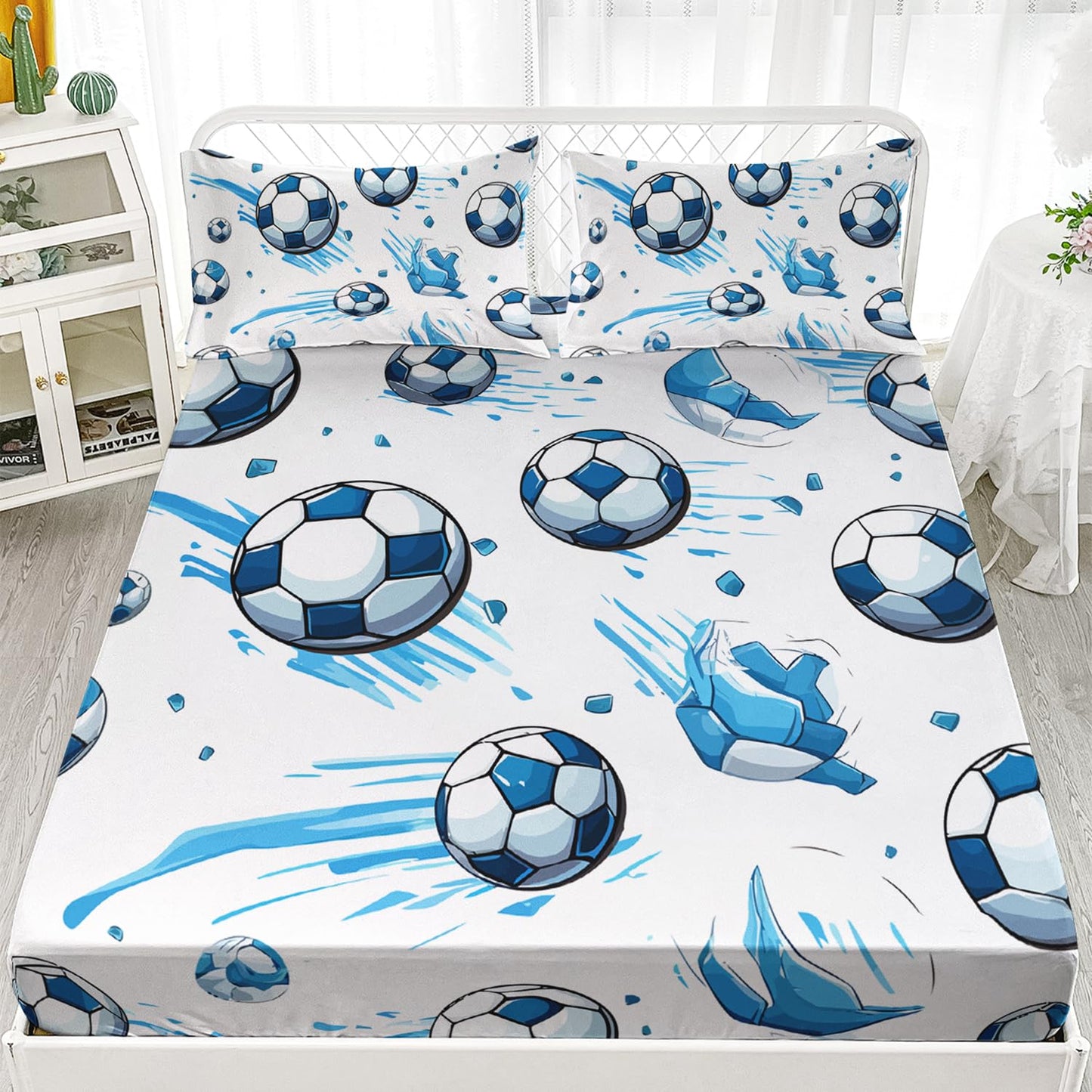 AILONEN Kids Soccer Full Size Fitted Sheet Set, Sport Football Bed Sheet, Blue Graffiti Bedding for Boys Adults, 1 Fitted Sheet With 2 Pillowcases, 3 Piece