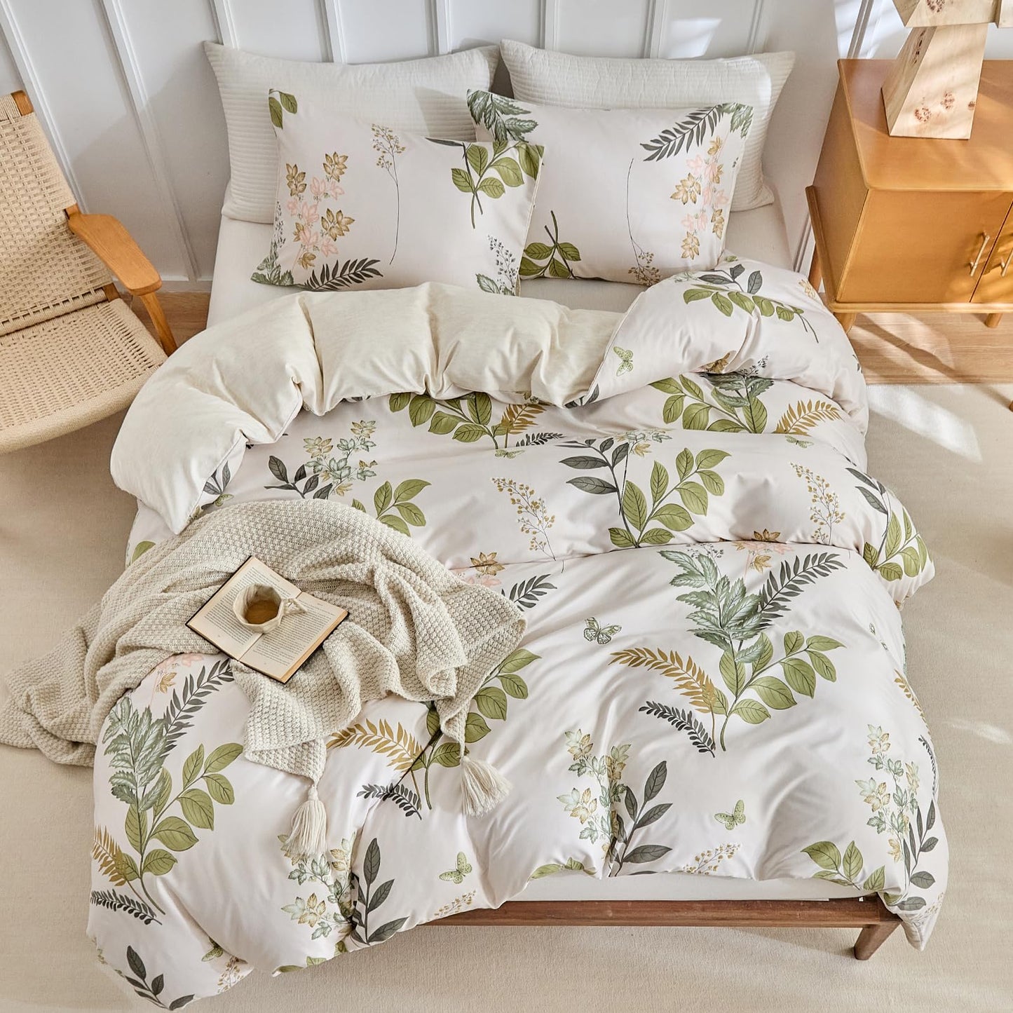 Lekesky King Size Reversible Duvet Cover, Duvet Cover King Size 3 Piece Green Leaf Microfiber Botanical Bedding Set with Zipper Closure 8 Corner Ties