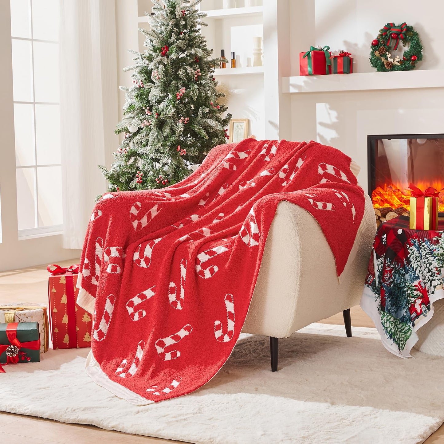 Douceur Christmas Candy Cane Throw Blanket, Ultra Soft Red Fluffy Festival Blanket, Reversible Cozy Decorative Blanket for Bed Couch Sofa, Super Soft Indoor Living Room Plush Throws, 60"X80"