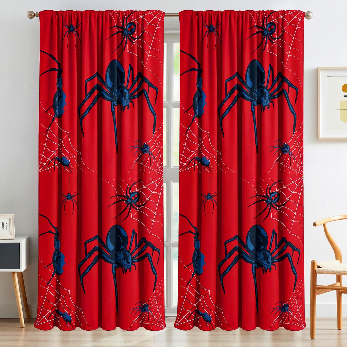 Peryiter Spider Curtain with 2 Tiebacks Bedroom Room Decor 42 x 84 Inch Thermal Insulated Window Drapes Curtain for Bathroom Nursery Home Decoration, 2 Panels