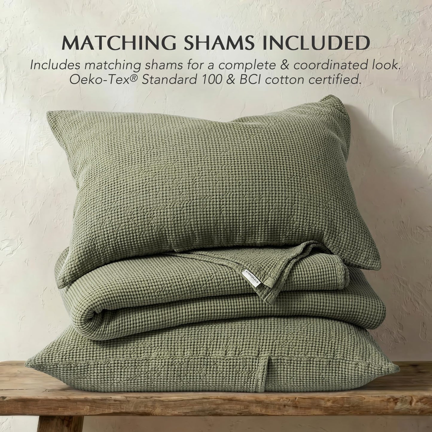 EverGrace 100% Cotton Waffle Bed Blanket Queen Size, Soft Premium Cotton Coverlet Set with 2 Matching Shams, Lightweight All Season Bedding Set, Oversized Bedspread 92x96, Olive Green