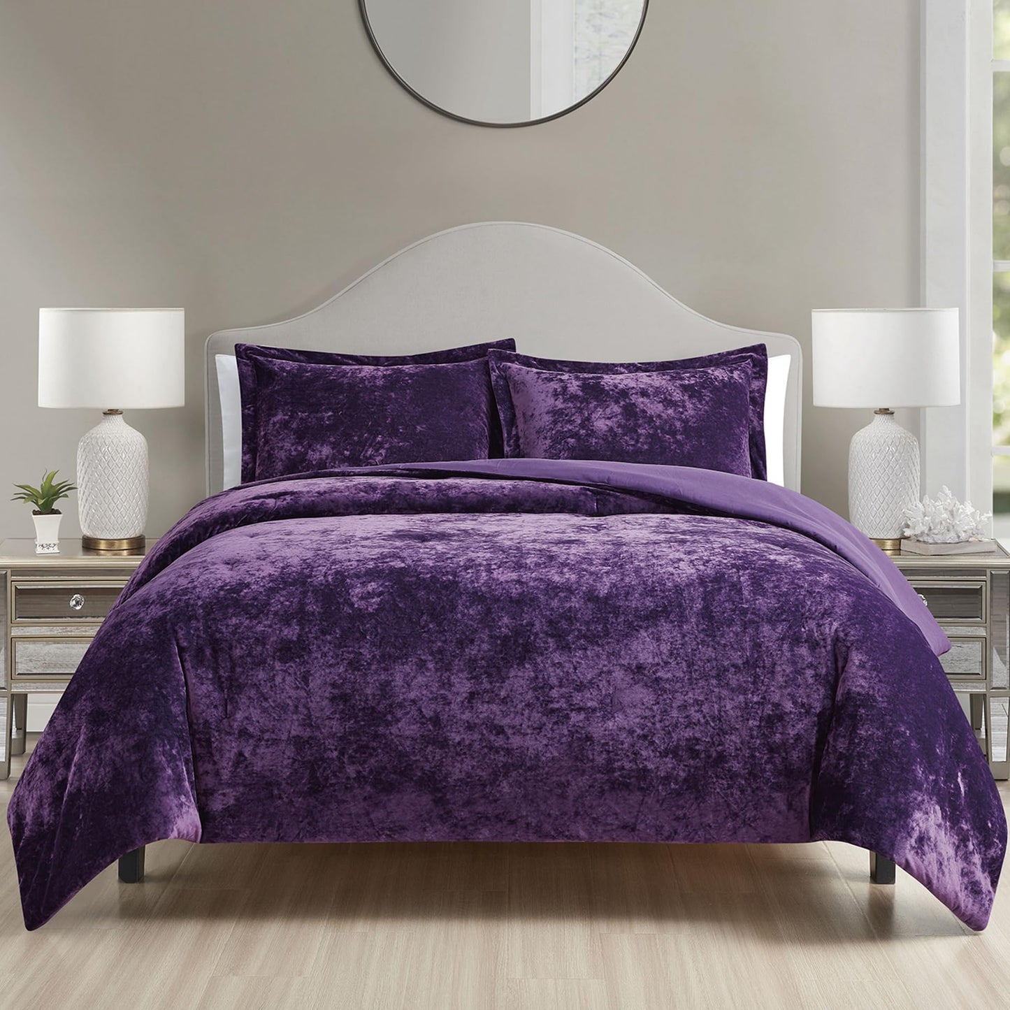 HUMESIIL Luxury Velvet King Comforter Set, 3 Pieces Reversible Comforters King Size with 2 Pillow Shams, Brushed Solid Microfiber Back, All Season Cozy, Soft, Warm, Lightweight (Purple, 104x90 Inch)