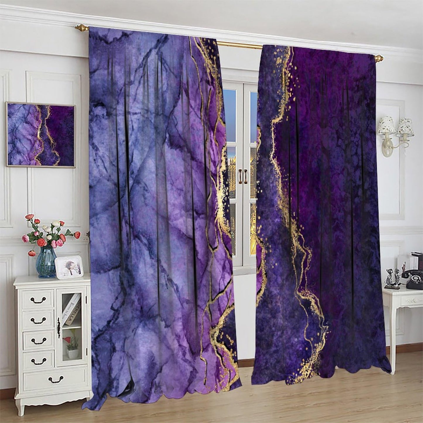 Marble Blackout Curtains Modern Luxury Abstract Gold Cracked Purple Texture Girls Women Bedroom Living Room Bathroom Decor Rod Pocket Blackout Window Drape 42x45in, Style-20