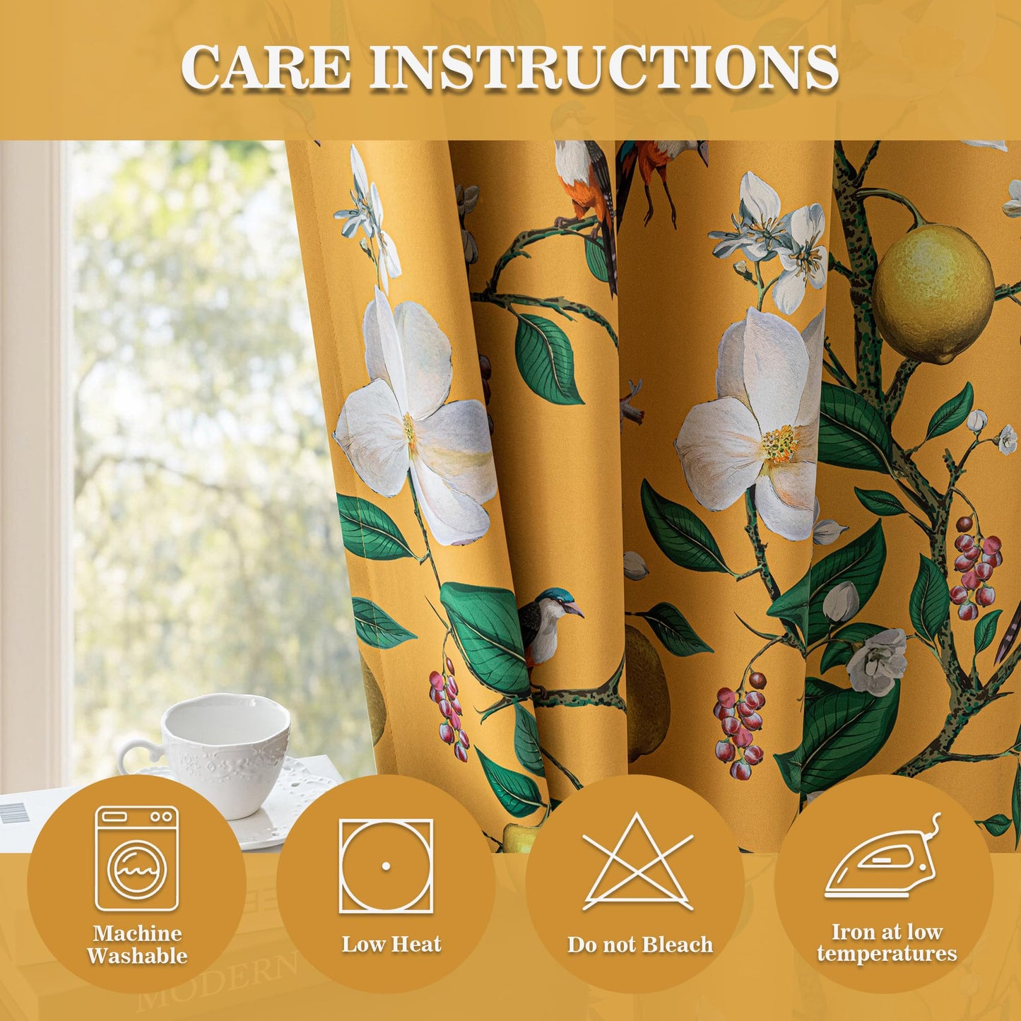 MYSKY HOME Yellow Floral Blackout Curtains 84 inch Long for Living Room Vintage Mid Century Style Lemon Hummingbird Patterned Room Darkening Privacy Drapes Grommet Bedroom Dining Room, 2 Pcs, 52"Wide