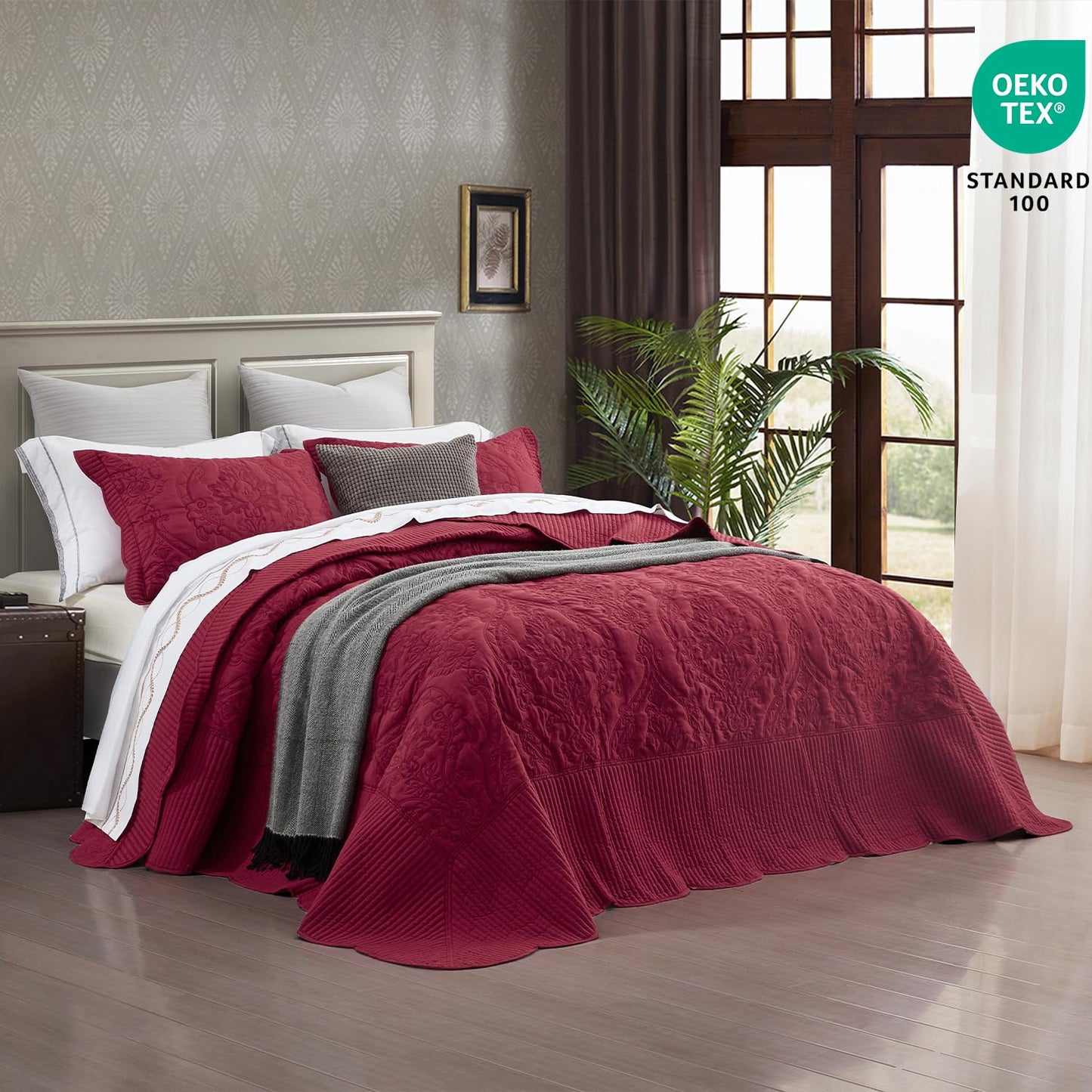 CHIXIN Oversized Bedspread Coverlet Set King Size - Lightweight Bedding Cover - Beautiful Stitching - 5 Piece Reversible Bedspread - Gorgeous Damask Paisley Pattern (King, Wine Red)