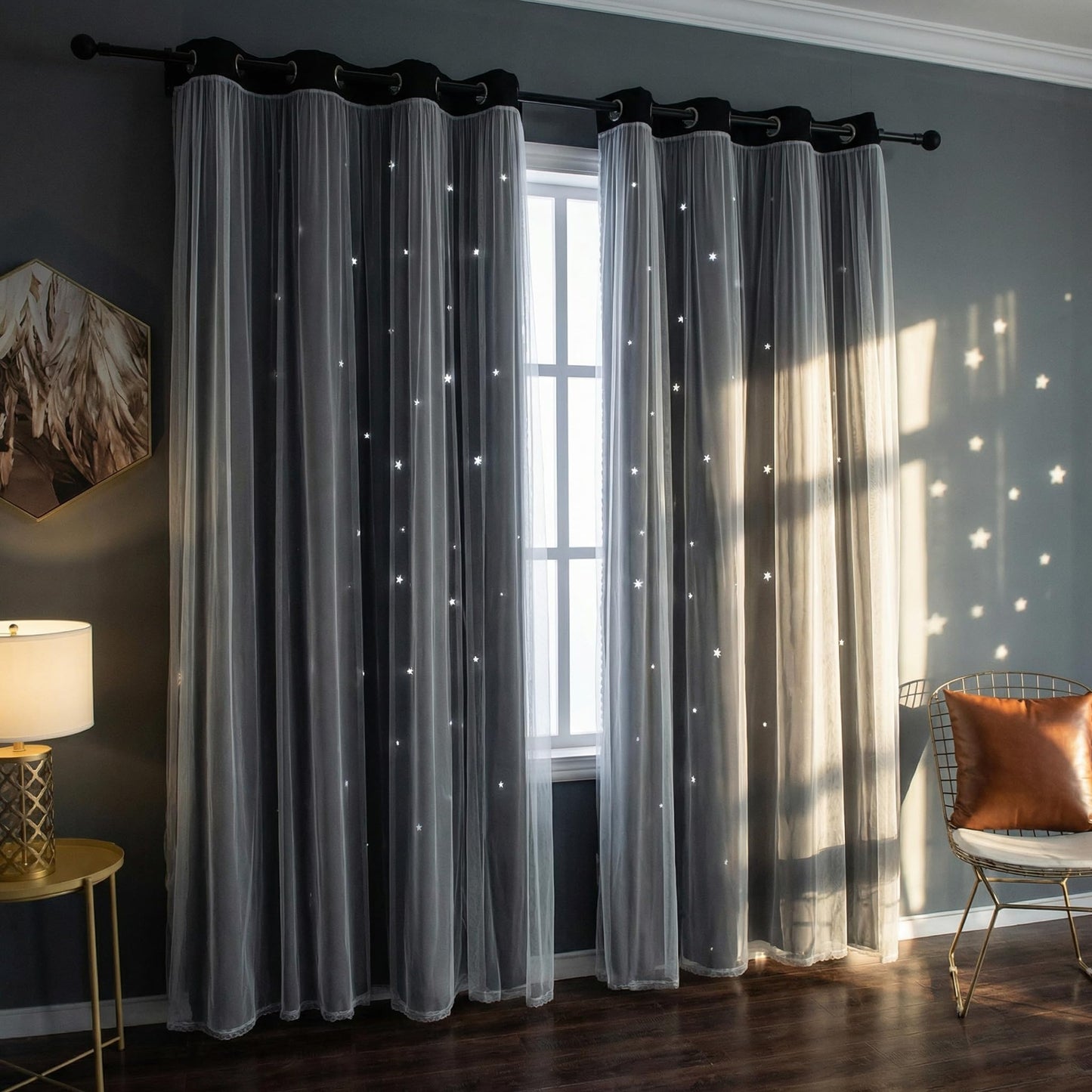 Kinryb Grey Star Curtains for Bedroom Star Hollow Out Blackout Curtains for Kids Room Decor Double Layer Cut Out Window 2 Panel with Tiebacks 52W x 84L Grey