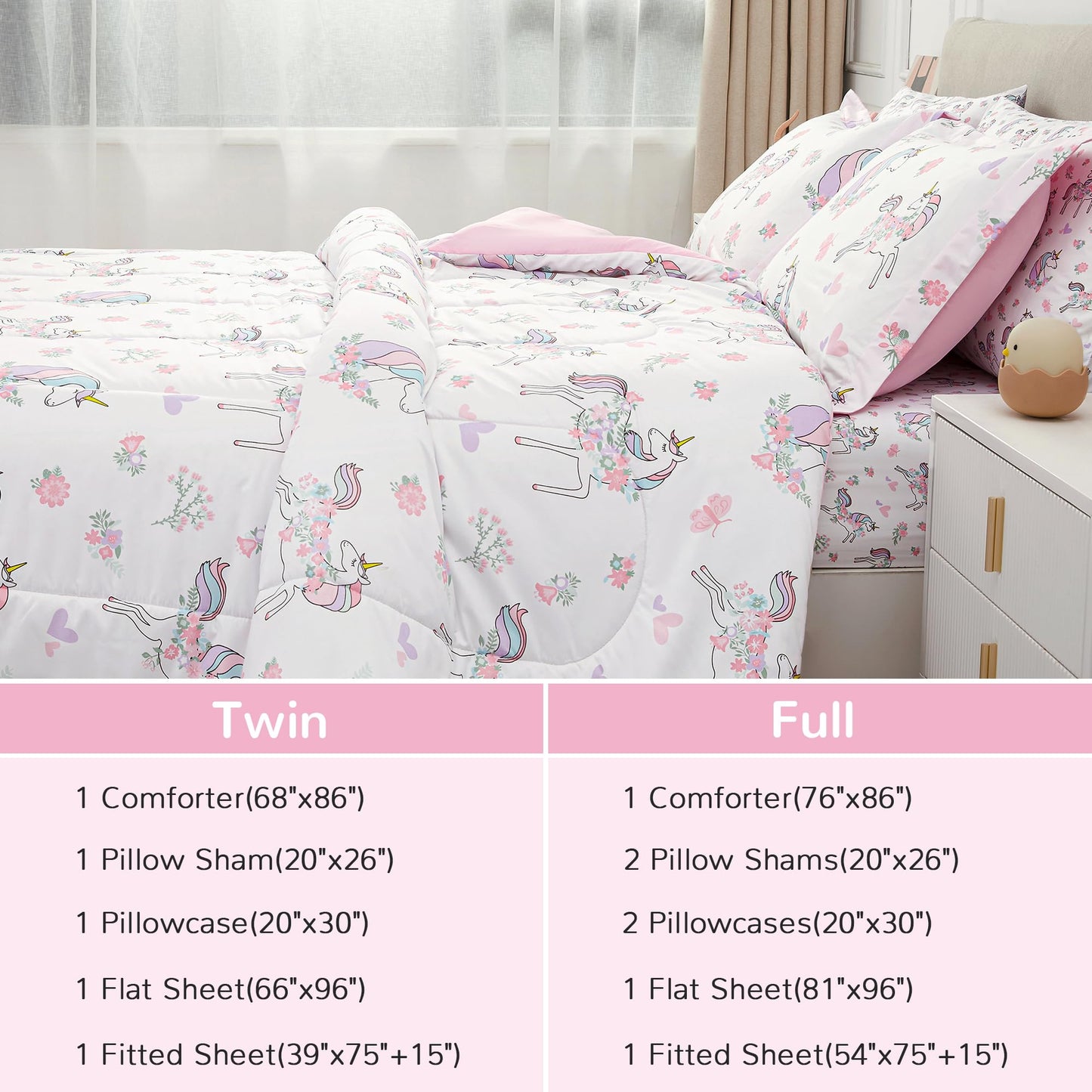 Viviland Kids Full Bedding Sets for Girls, Soft Full Comforter Set with Sheets, 7 Pieces Microfiber Bed in a Bag, White Unicorn