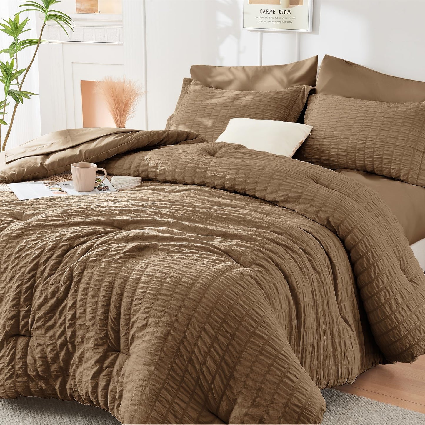 HYMOKEGE Brown Full Size Comforter Sets Seersucker 7 Pieces, All Season Luxury Bed in a Bag for Bedroom, Bedding Set with Comforter, Sheets, Pillowcases & Shams