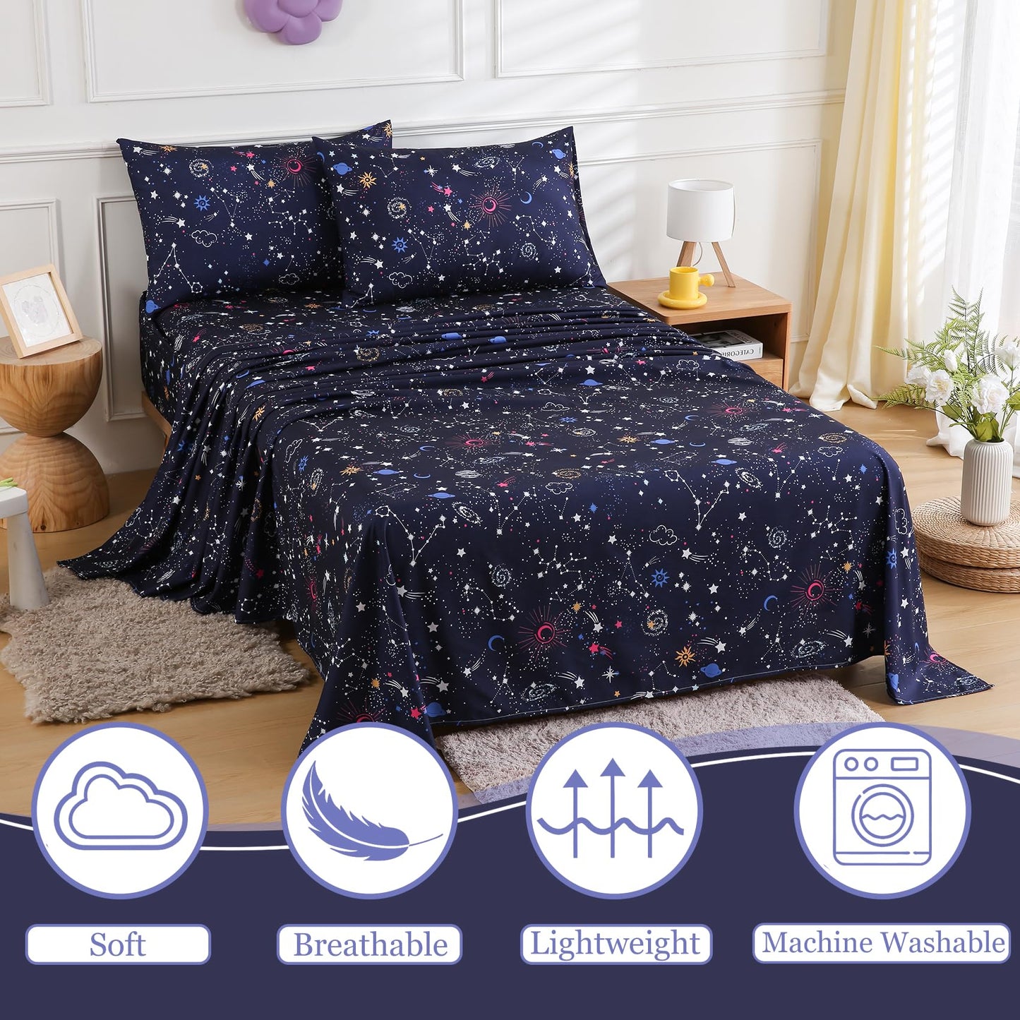 CIMVI Kids Twin Sheets Set Boys Girls Colorful Starry Galaxy Bed Sheets 15-Inch Deep Pocket Fitted Sheet Soft Microfiber Bedding with Pillowcase Fade Resistant Children Teens Room Decor