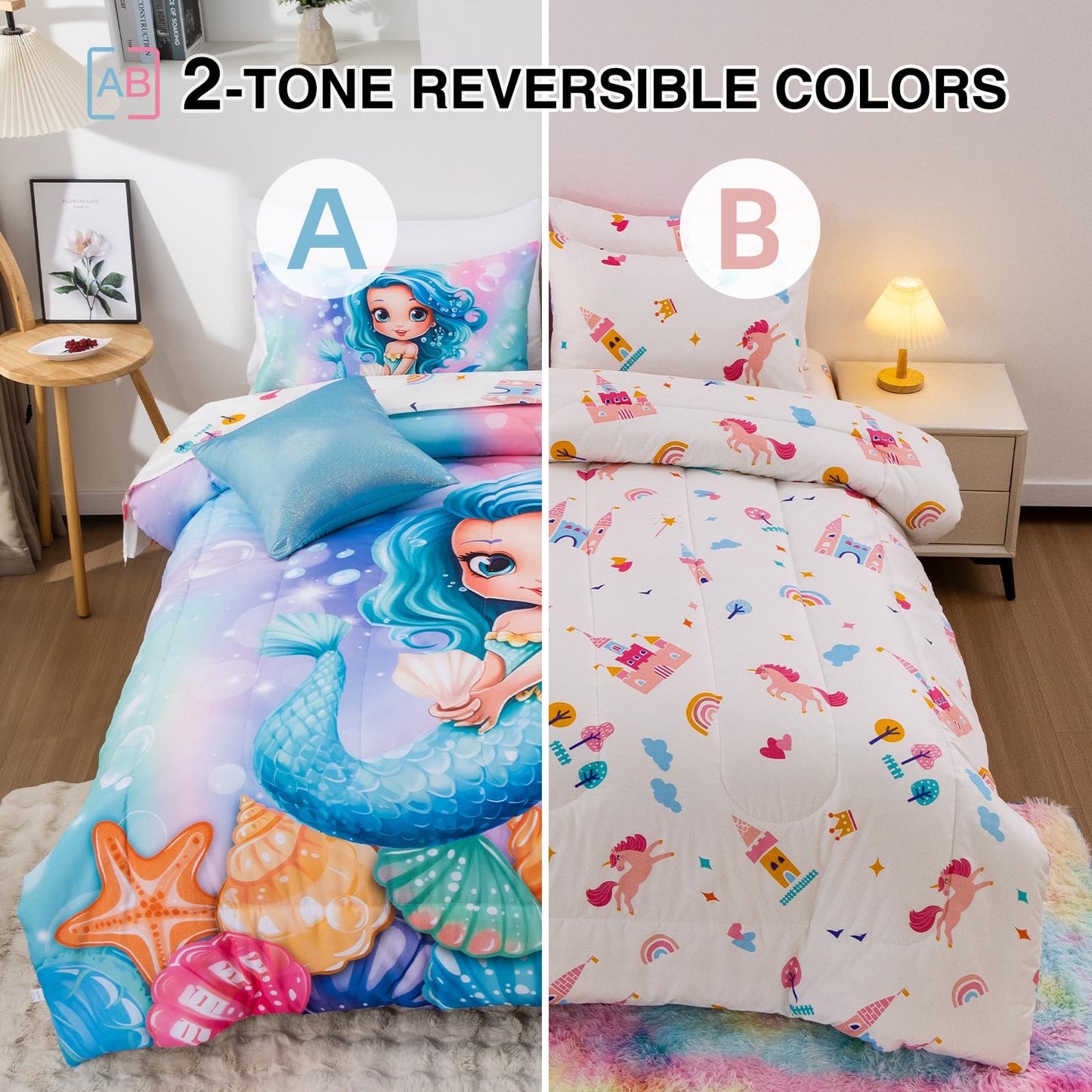 A Nice Night Mermaid Comforter Set Twin 6-Piece Bedding for Girls 3-15 Years, Soft Polyester All-Season Bed in a Bag, Princess Theme Twin Bed Quilt