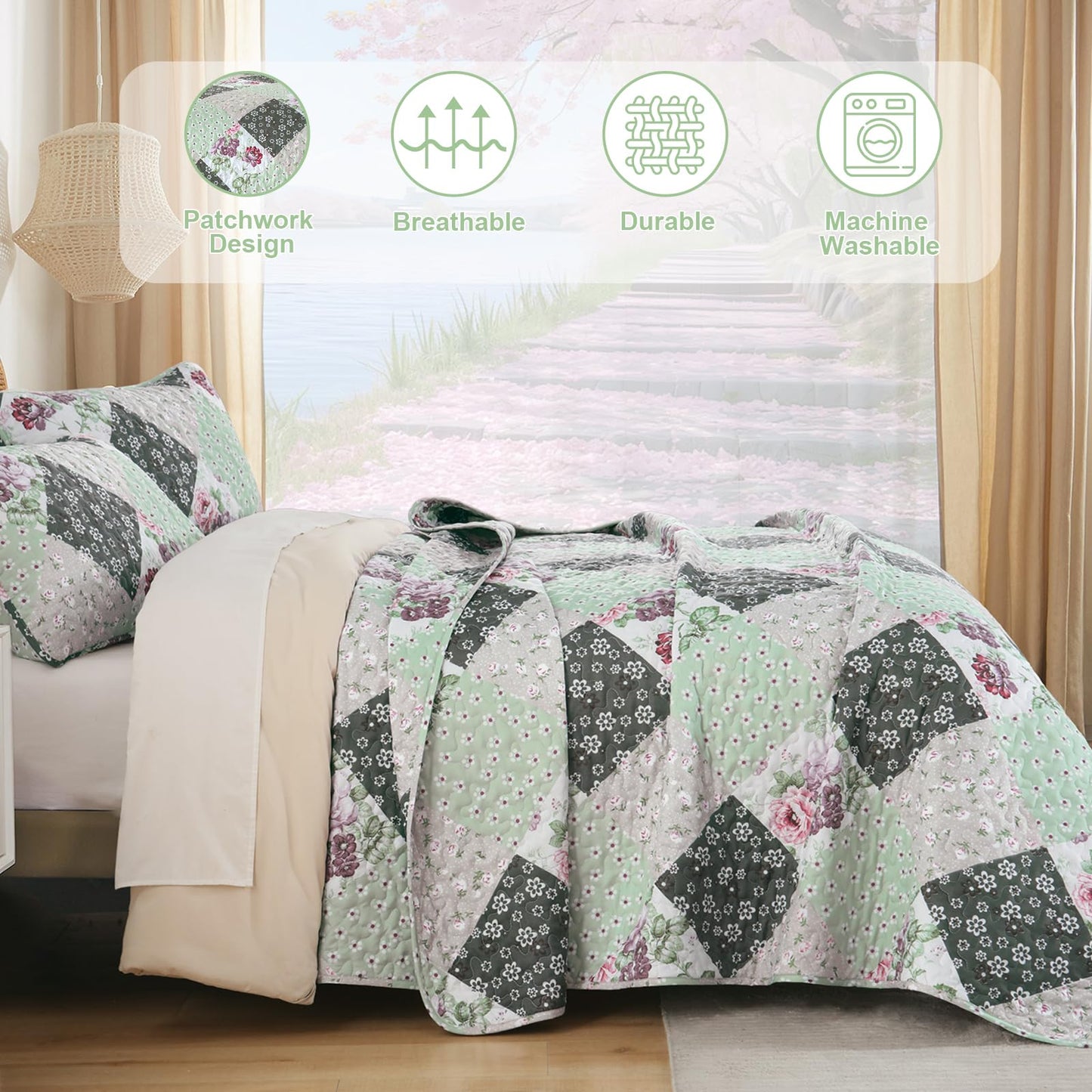 Dinjoy Floral Plaid Patchwork Quilt Set King Size, Reversible Green Bedding Set Soft Microfiber Lightweight Bedspread Coverlet 3 Piece Fall Autumn Summer Use (110x90 inches)