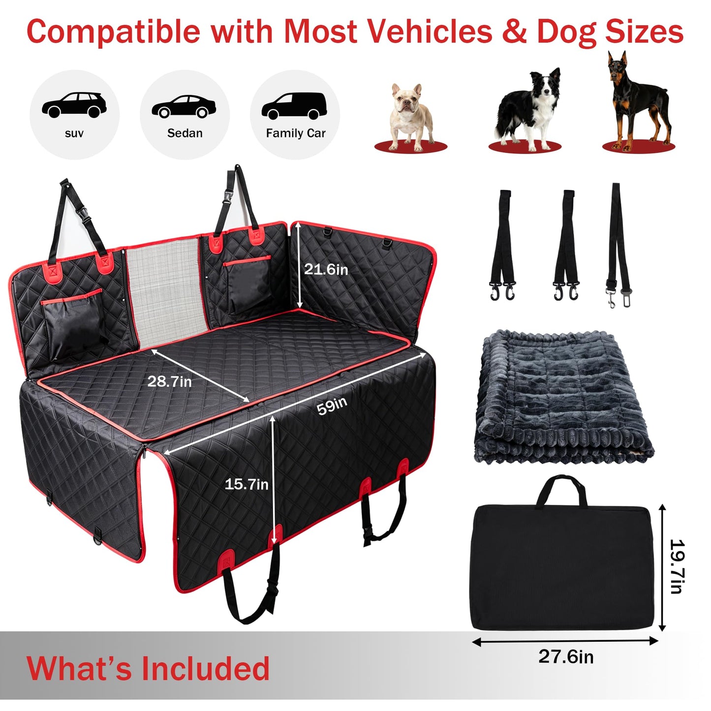 Dog Car Seat Cover for Back Seat with Soft Blankets, New Upgraded Waterproof Dog Hammock with Mesh Window, Wear-Resistant Hard Bottom Back Seat Holds 500 lbs, 66"x60"Size Fits Cars, Trucks, SUVs