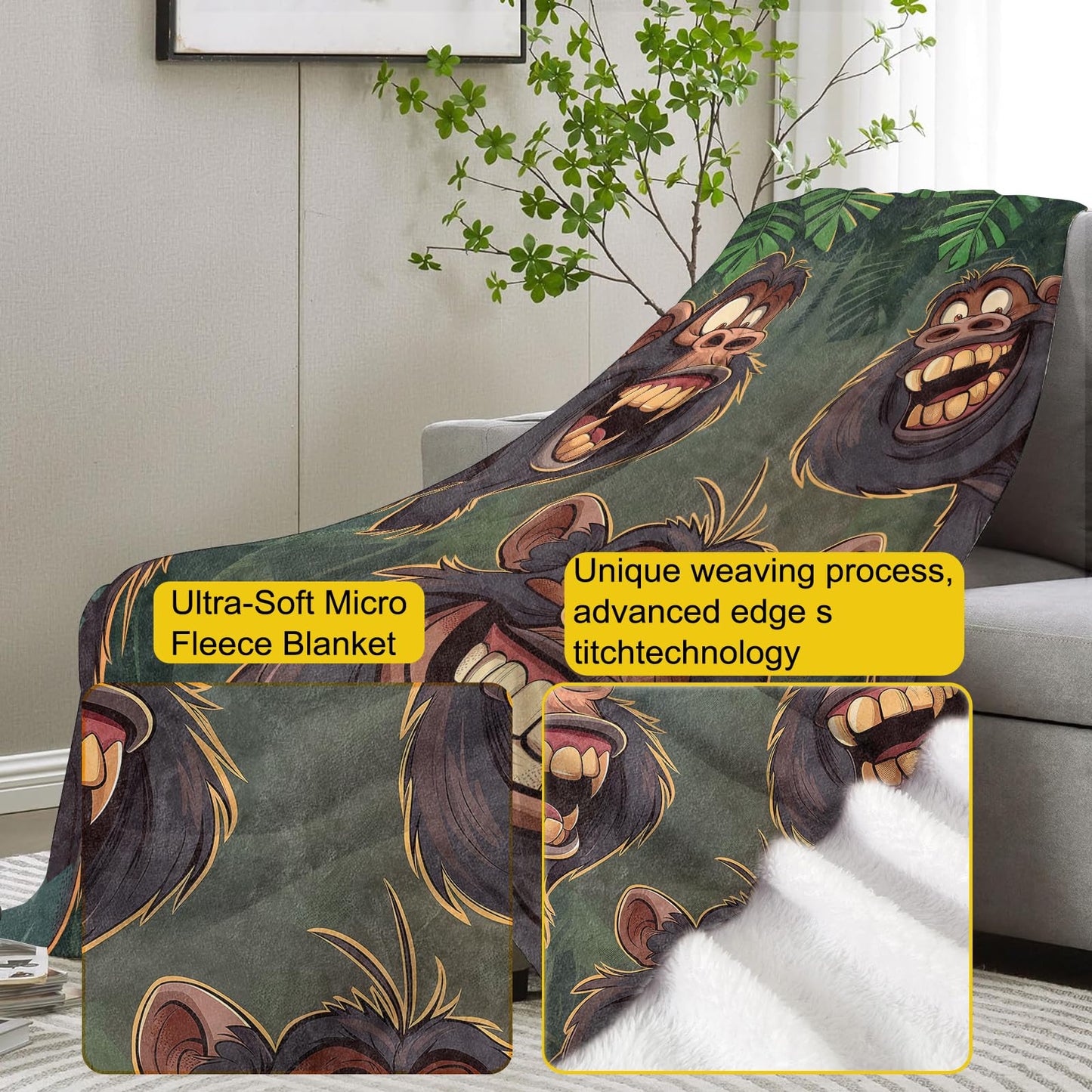 VANZEV Funny Gorilla Blanket, Cute Cartoon Gorillas Flannel Throw Blankets,Soft Warm Lightweight Cozy Plush Animal Throws for Bedroom Sofa Office Home Decor Gifts for Women Girls 60"x50"
