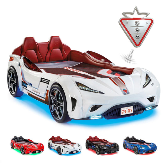 Cilek GTS EV Twin Kids Race Car Bed with Remote Control, LED Lights & Sounds, Vegan Leather Headboard, Guardrails, Non-Toxic, Fits Twin Mattress, White