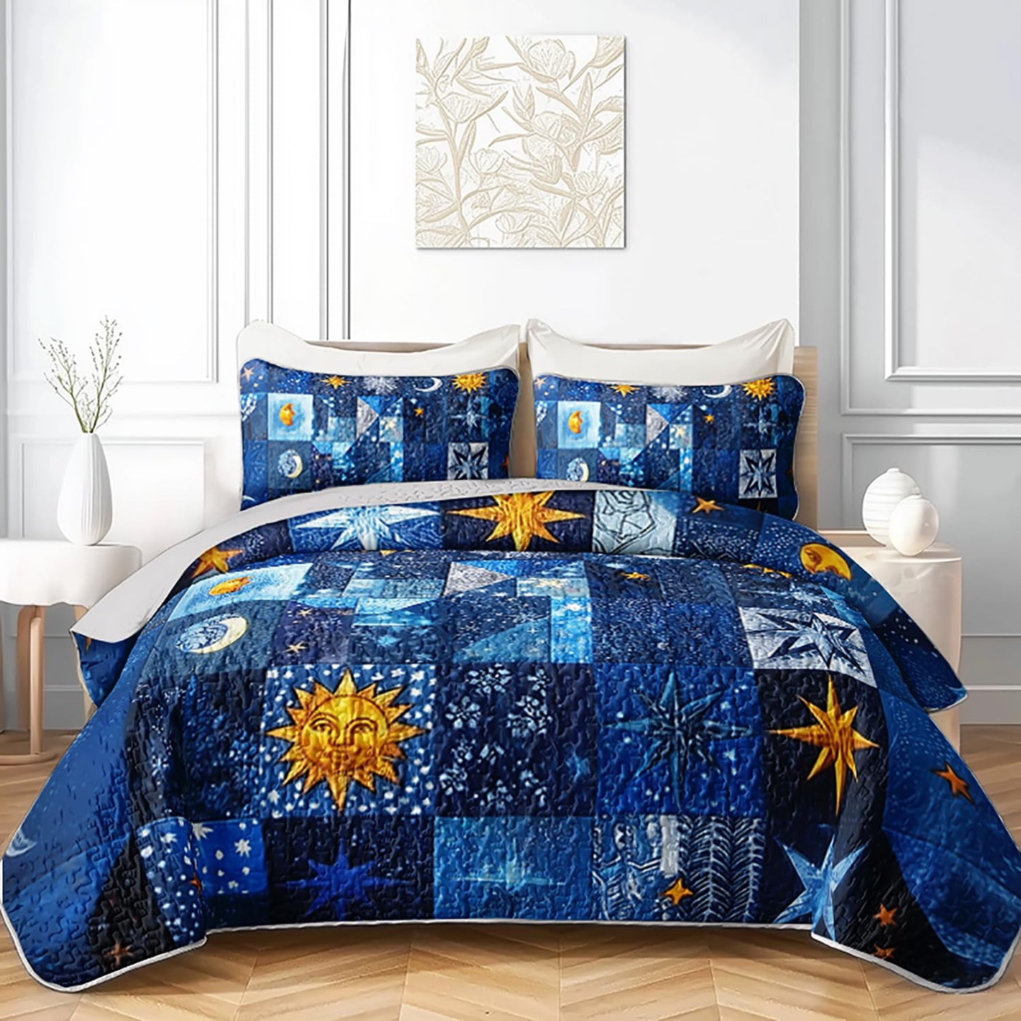 XYNHML Sun Moon Star Quilts Bedding Full 3Pcs Mystic Celestial Galaxy Starry Quilt Set Blue Patchwork Grid Lightweight Soft Bedspread Coverlet with 2 Pillowcases for Kid Boy Girl Teen Adult Bed Decor