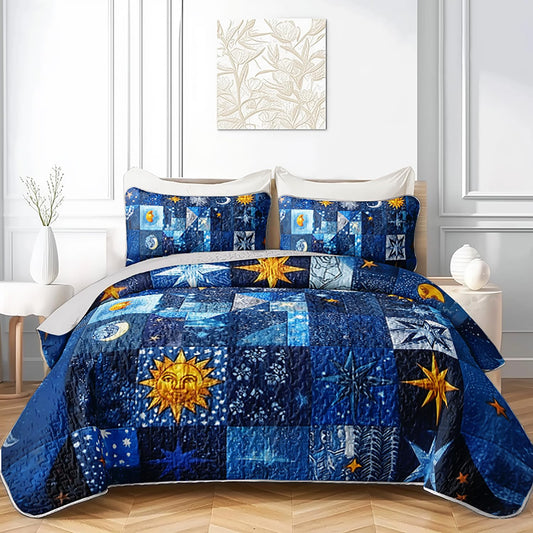 XYNHML Sun Moon Star Quilts Bedding Full 3Pcs Mystic Celestial Galaxy Starry Quilt Set Blue Patchwork Grid Lightweight Soft Bedspread Coverlet with 2 Pillowcases for Kid Boy Girl Teen Adult Bed Decor