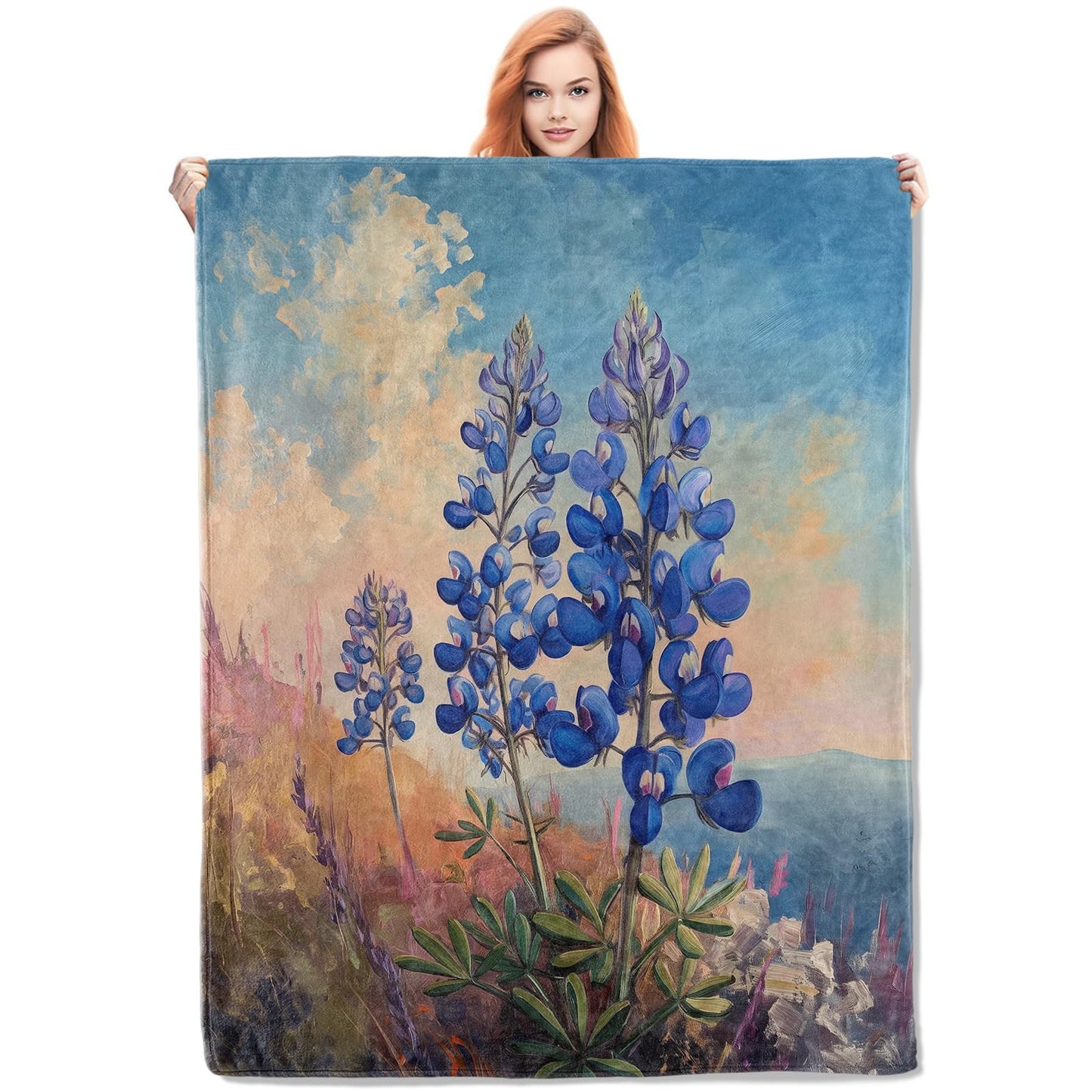 VANZEV Bluebonnet Flower Painting Blanket, Artistic Floral Flannel Throw Blankets,Soft Warm Lightweight Cozy Plush Throws for Bedroom Sofa Office Home Decor Gifts for Women Girls 60"x50"