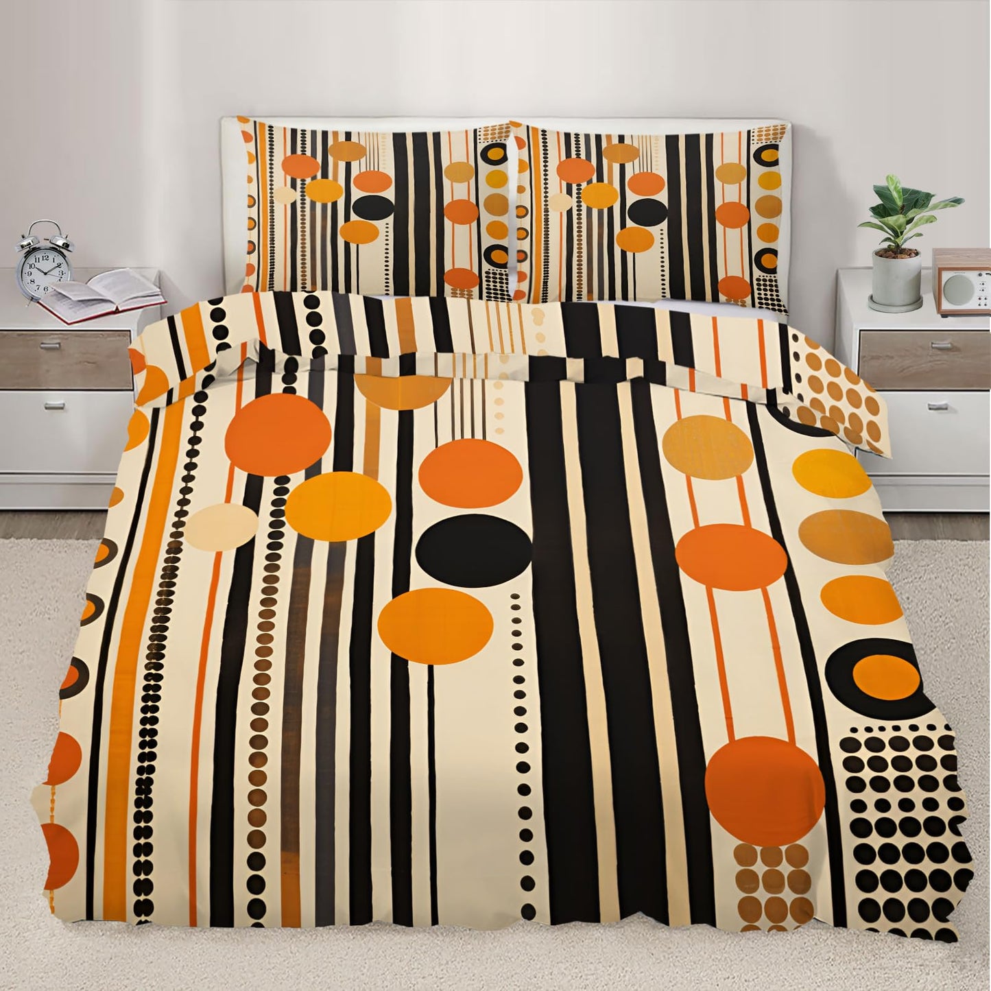 QINYUN Retro Middle Ages Duvet Cover California King, Orange Geometric Art Bedding Set 3 Piece Bedroom Decor Modern Stripes Patterned Comforter Cover with Zipper Ties & 2 Pillowcases