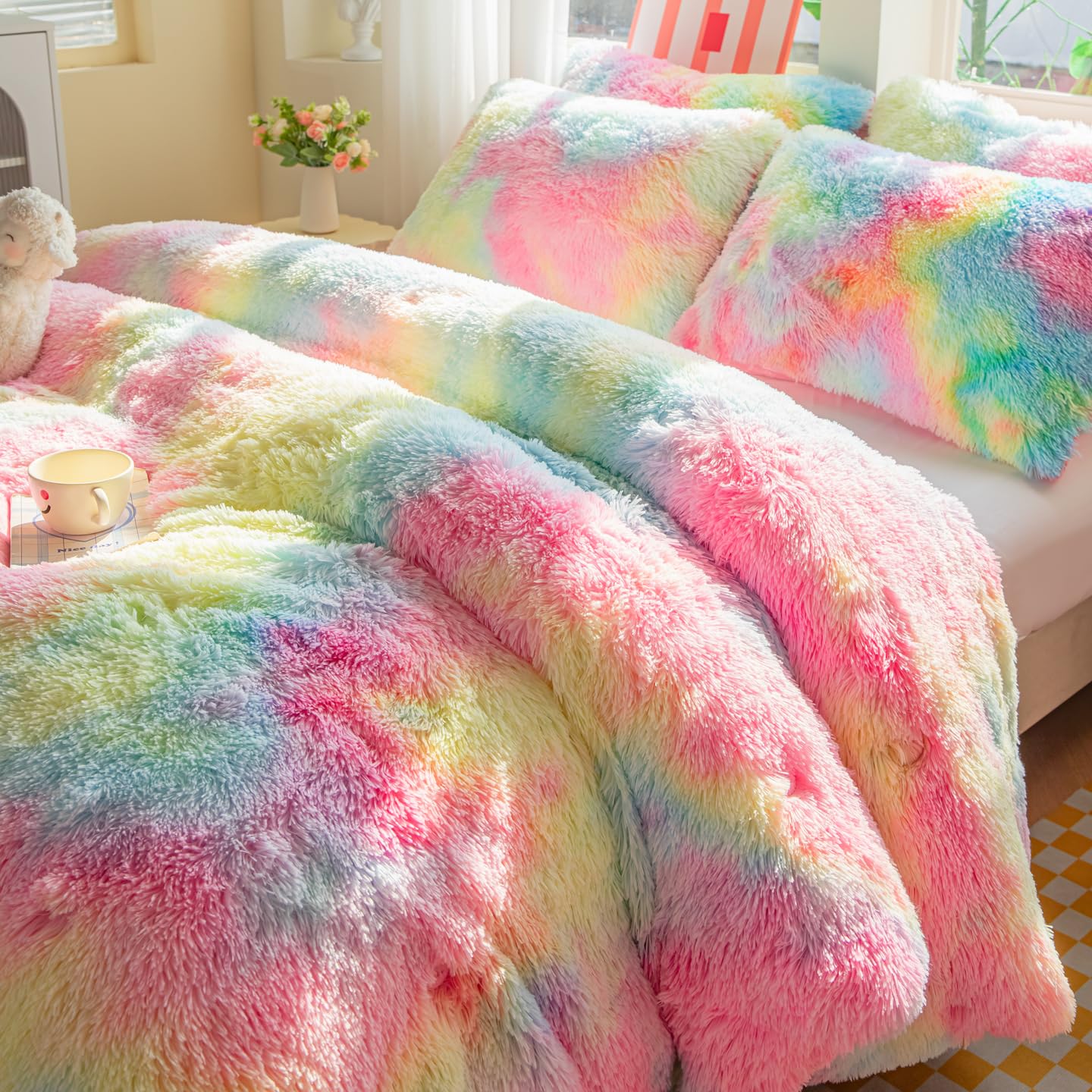 Roscloud Faux Fur Kids Girls Rainbow Comforter Sets Twin/Full - 3PC Bed Set Warm Comfortable Soft Plush Flannel Velvet Fluffy Fuzzy Bedding（Comforter x 1 Pillowcases x 2）