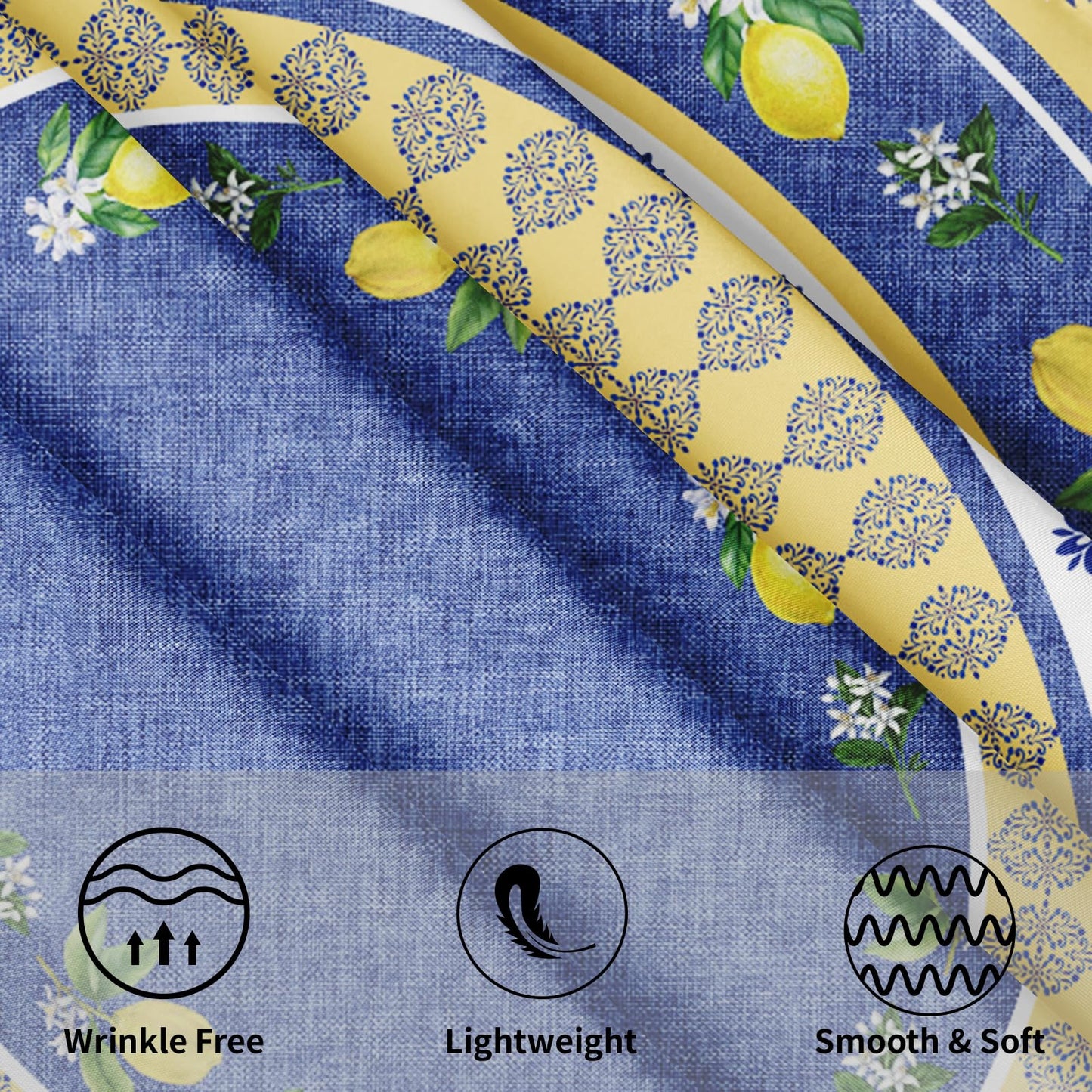 Kawani Lemon Round Tablecloth 70 Inch Blue Yellow French Country Style Fruit Floral Print Table Cloth Rustic Farmhouse Table Cover for Kitchen Dining Room Party Home Decor