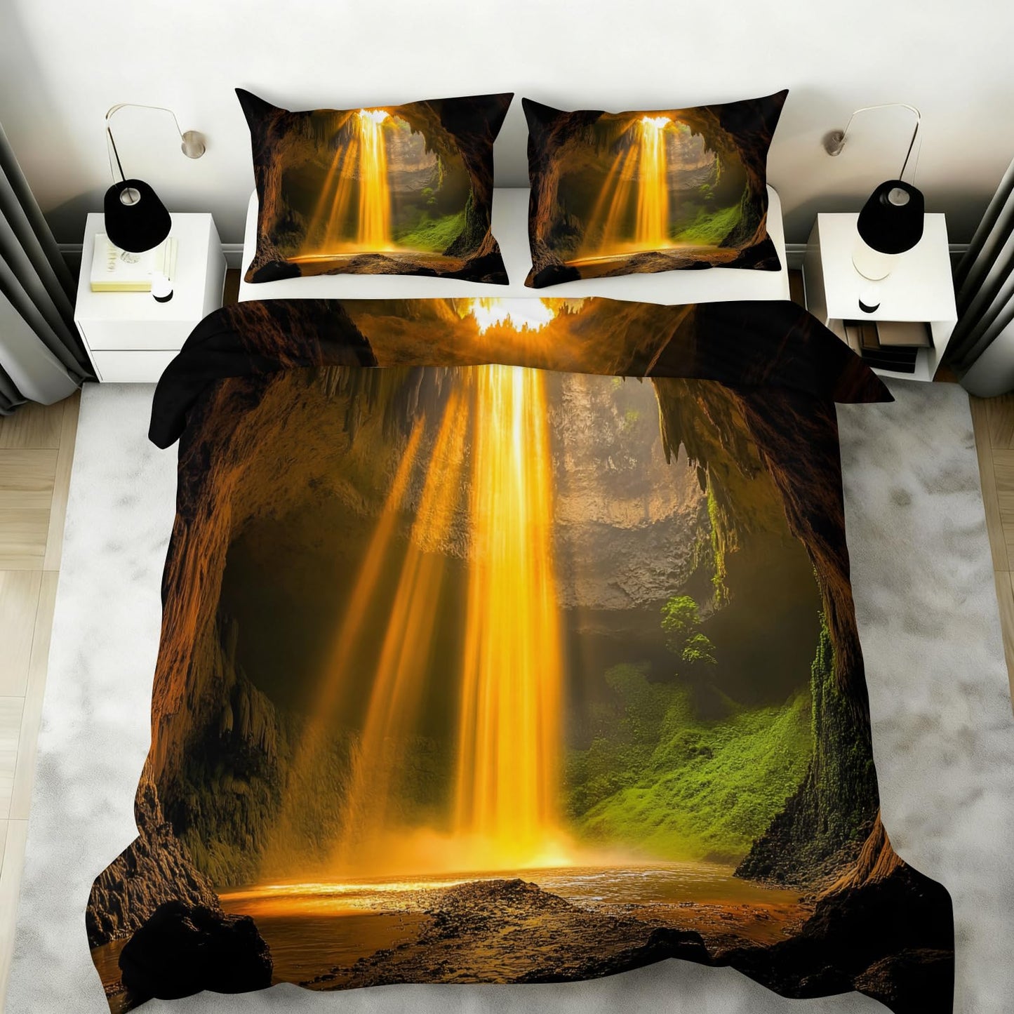 Waterfall Duvet Cover Full Size, Cave Waterfall Comforter Cover 80" x 90", Fantasy Natural Landscape Bedding Set with 2 Pillowcases