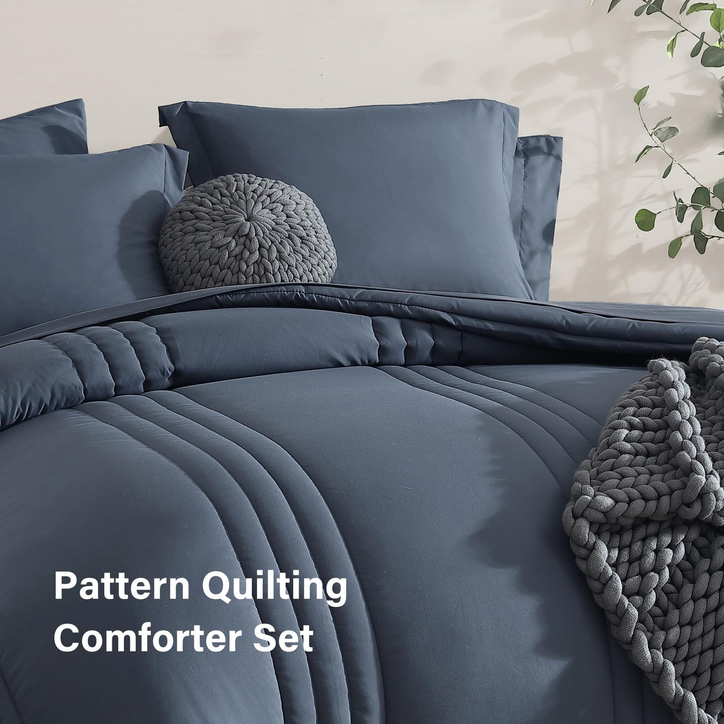 Monbix Queen Comforter Set - 7 Pieces Blue Gray Bed in a Bag Queen Bedding Sets with Comforters, All Seasons Comforter Bed Set with Sheets,Pillowcases & Shams