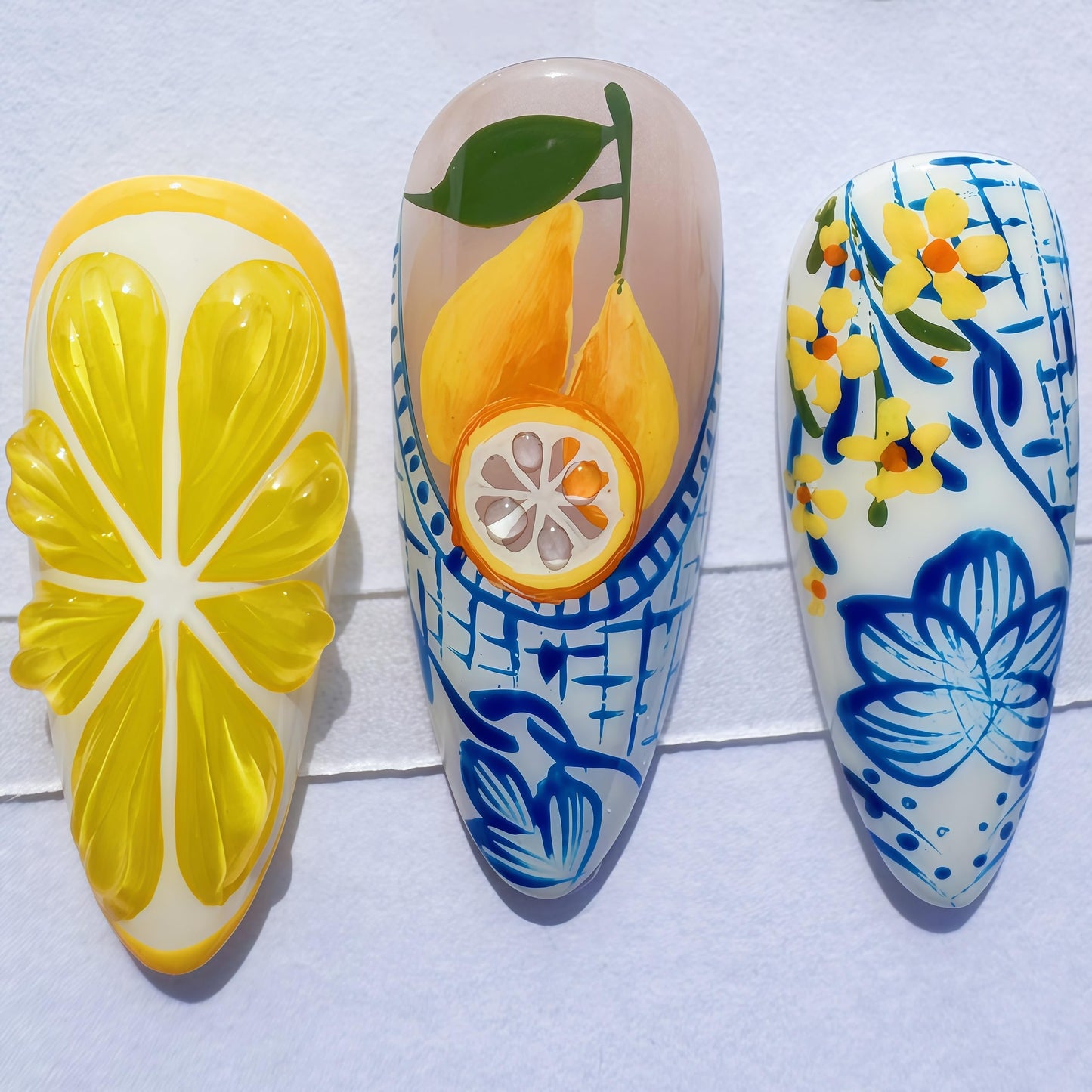 Handcrafted Press On Nails Italian Vacation Style Lemon & Blue Ceramic Pattern 100% Handmade Realistic Artistic Fake Nails With Adhesive Glue Tabs And Tool Gifts For Women (Hand-Painted Lemon,Long M)