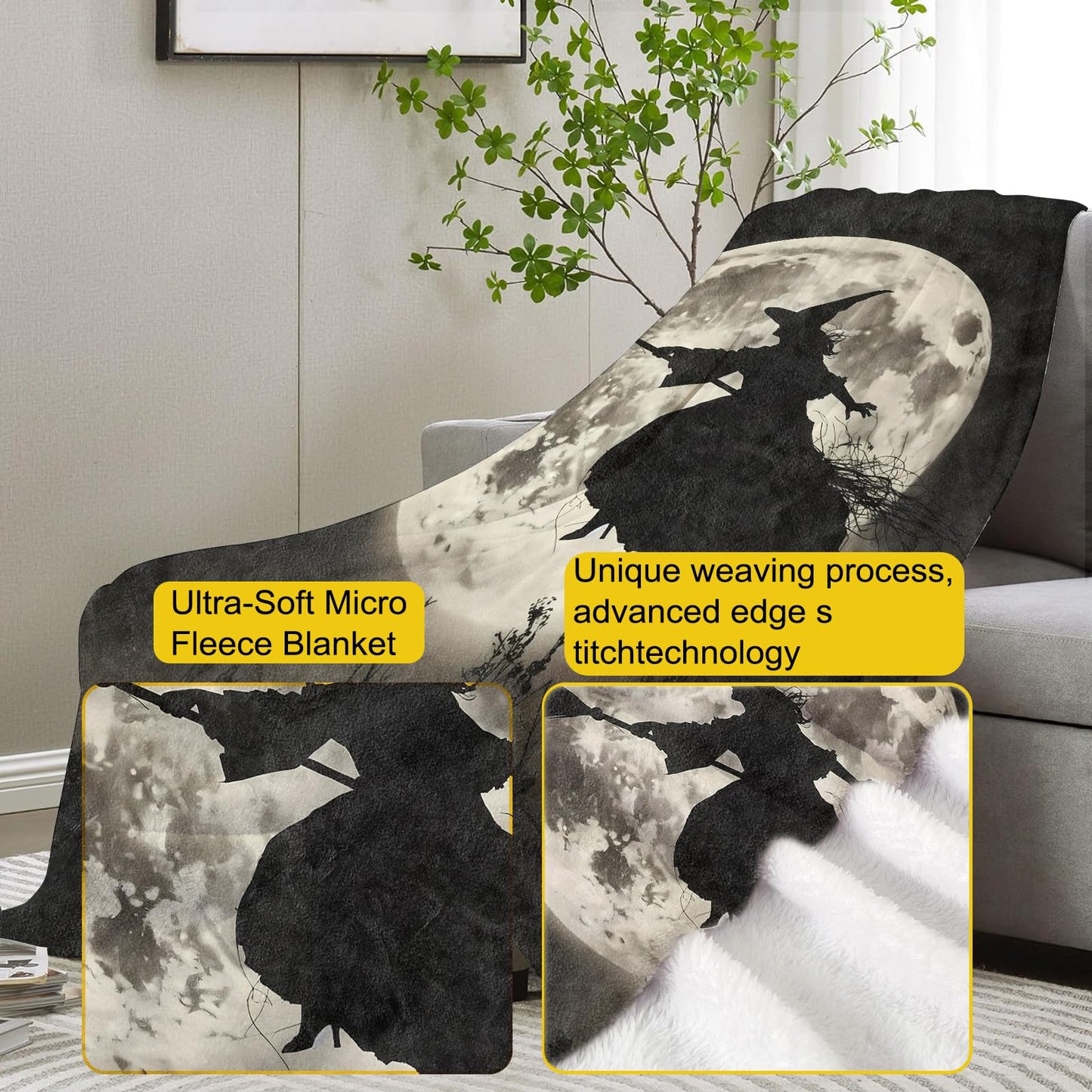 VANZEV Midnight Witch Flight Fleece Blanket Gifts, Silhouette Against Full Moon Design, Soft Throw 50x60 inches, Haunting Halloween Decor - Black and Gray