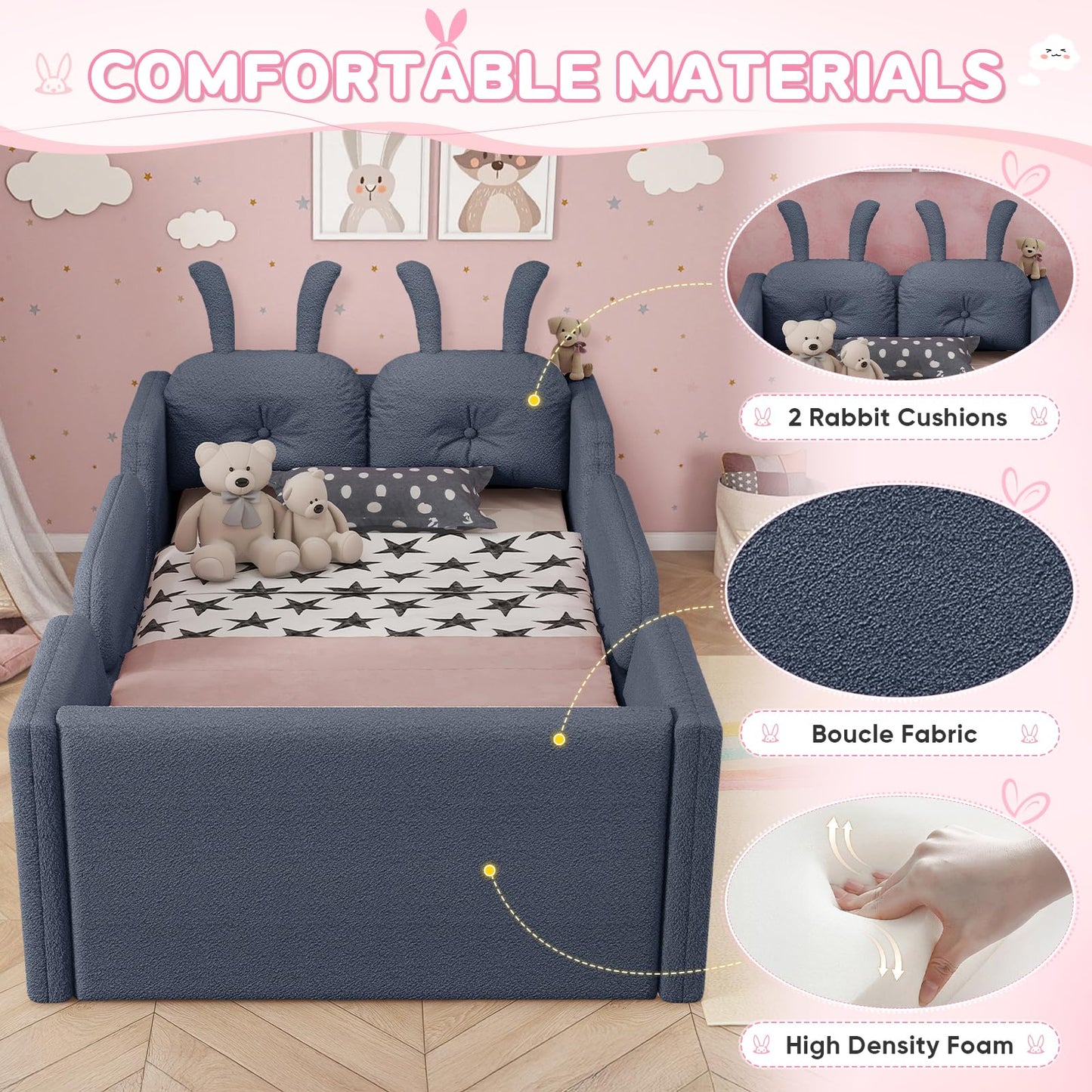 Duigonp Twin Size Kids Bed, Comfy Boucle Fabric Twin Daybed with Rabbit Cushions & Removable Side Rails, Upholstered Platform Bed, Cute Cozy Floor Bed for Girls, Boys, Teenager(Gray)