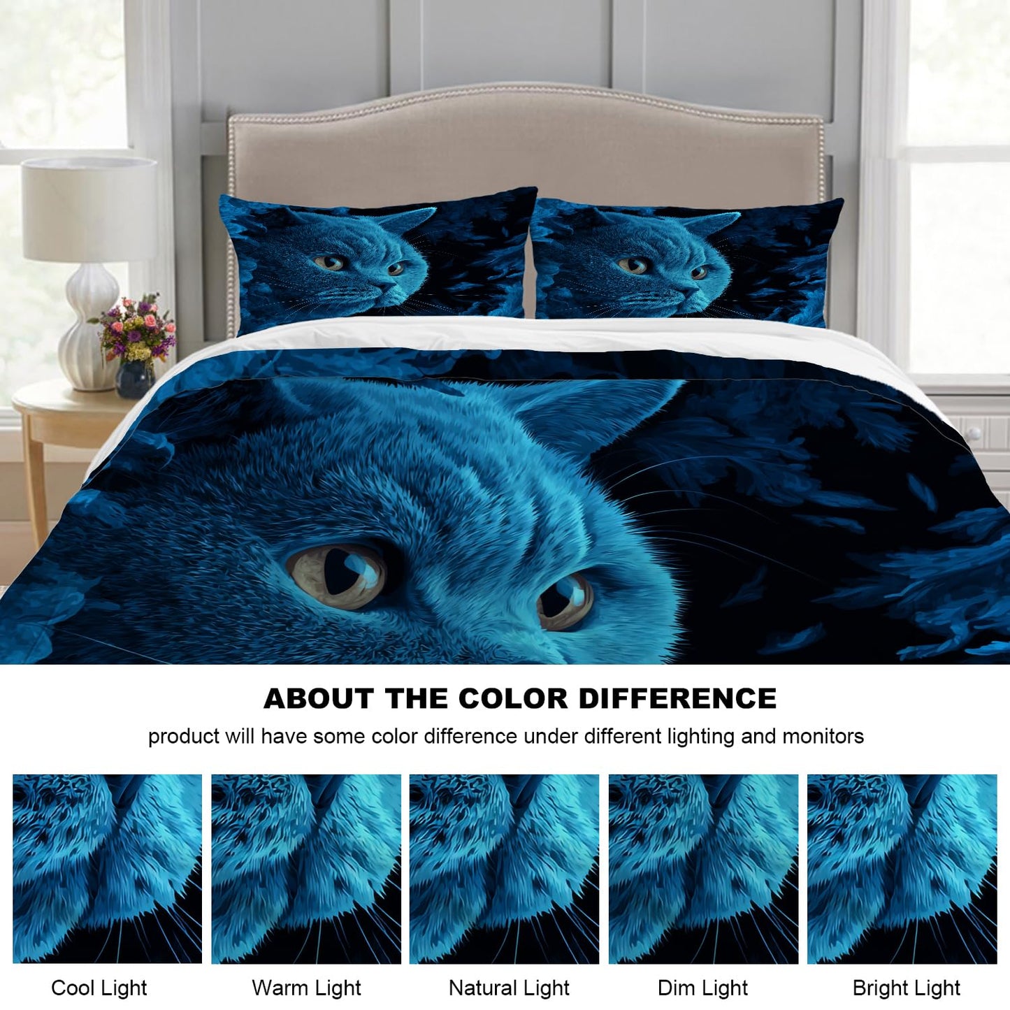 Batmerry Cute Cat King Size 100% Cotton Duvet Cover Sets, Blue in Feathers Bedding Set with Zipper Closure Corner Ties, 3 Pieces (1 Cover + 2 Pillowcases No Comforter)