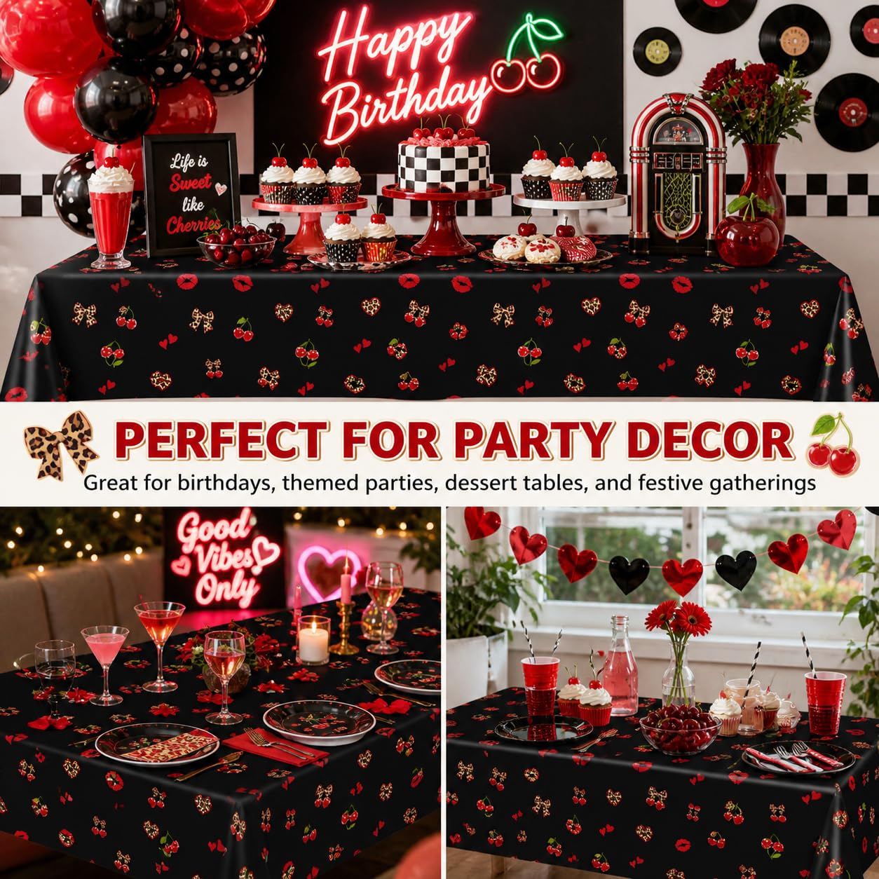 3Pcs 54 x 108 Inch Cheetah Cherry Tablecloths,Red Black Leopard Print Disposable Plastic Table Covers with Red Lips, Waterproof Party Table Cloths for Birthday, Baby Shower, Wedding, Party Decorations