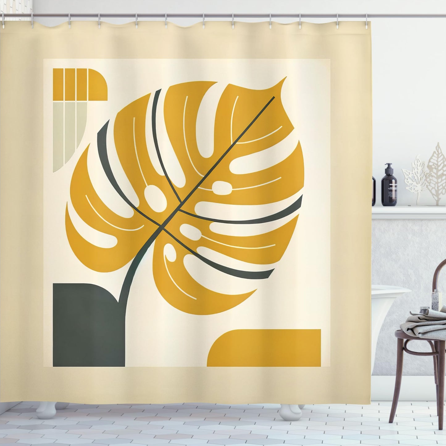 Ambesonne Yellow Shower Curtain, Abstract Modern Monstera Leaf Paint with Geometric Shapes and Frame Like, Cloth Fabric Bathroom Decor Set with Hooks, 69" W x 70" L, Orange Dimgray Beige