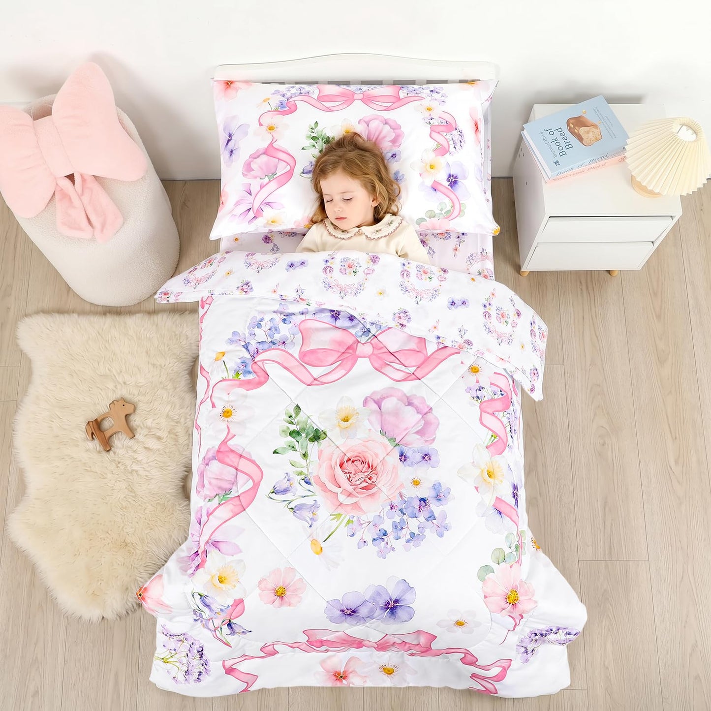 Pea Pod Floral Toddler Bedding Set for Girls, 4 Piece Bed-in-a-Bag Toddler Comforter Sets Cute Bowknot Princess Crib Bed Set | Include Quilt Comforter, Flat Sheet, Fitted Sheet, Pillowcase, Super Soft